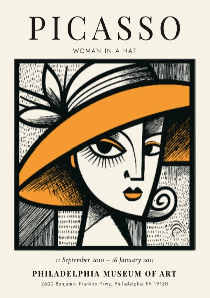 Woman in a Hat poster featuring bold lines and vibrant colors inspired by Picasso's style
