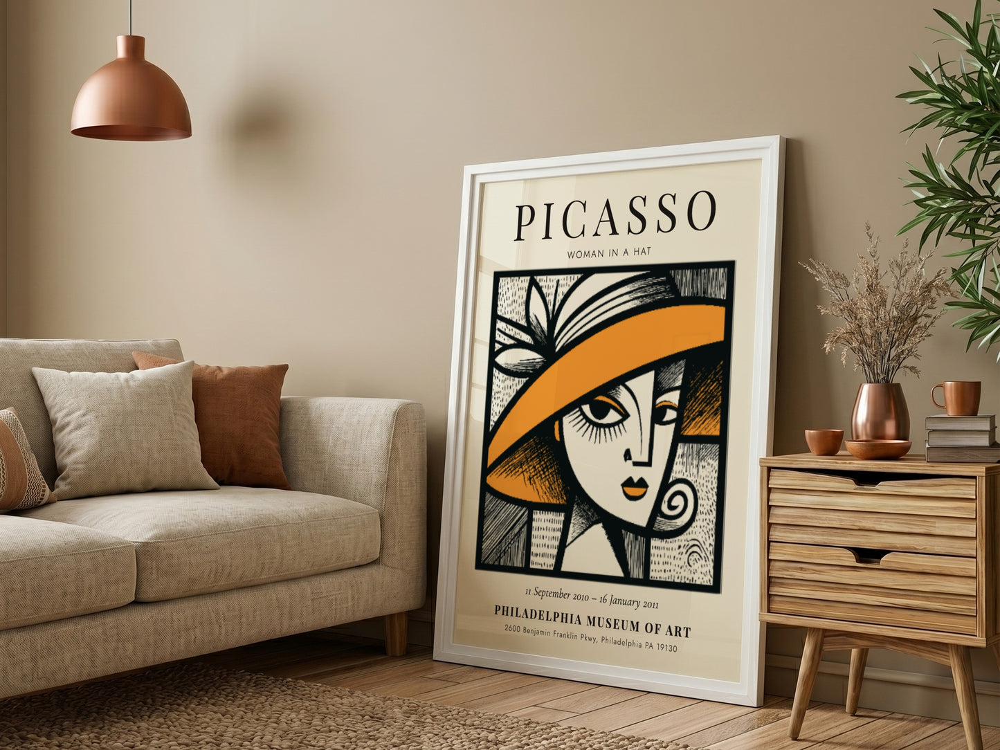 Woman in a Hat poster featuring bold lines and vibrant colors inspired by Picasso's style