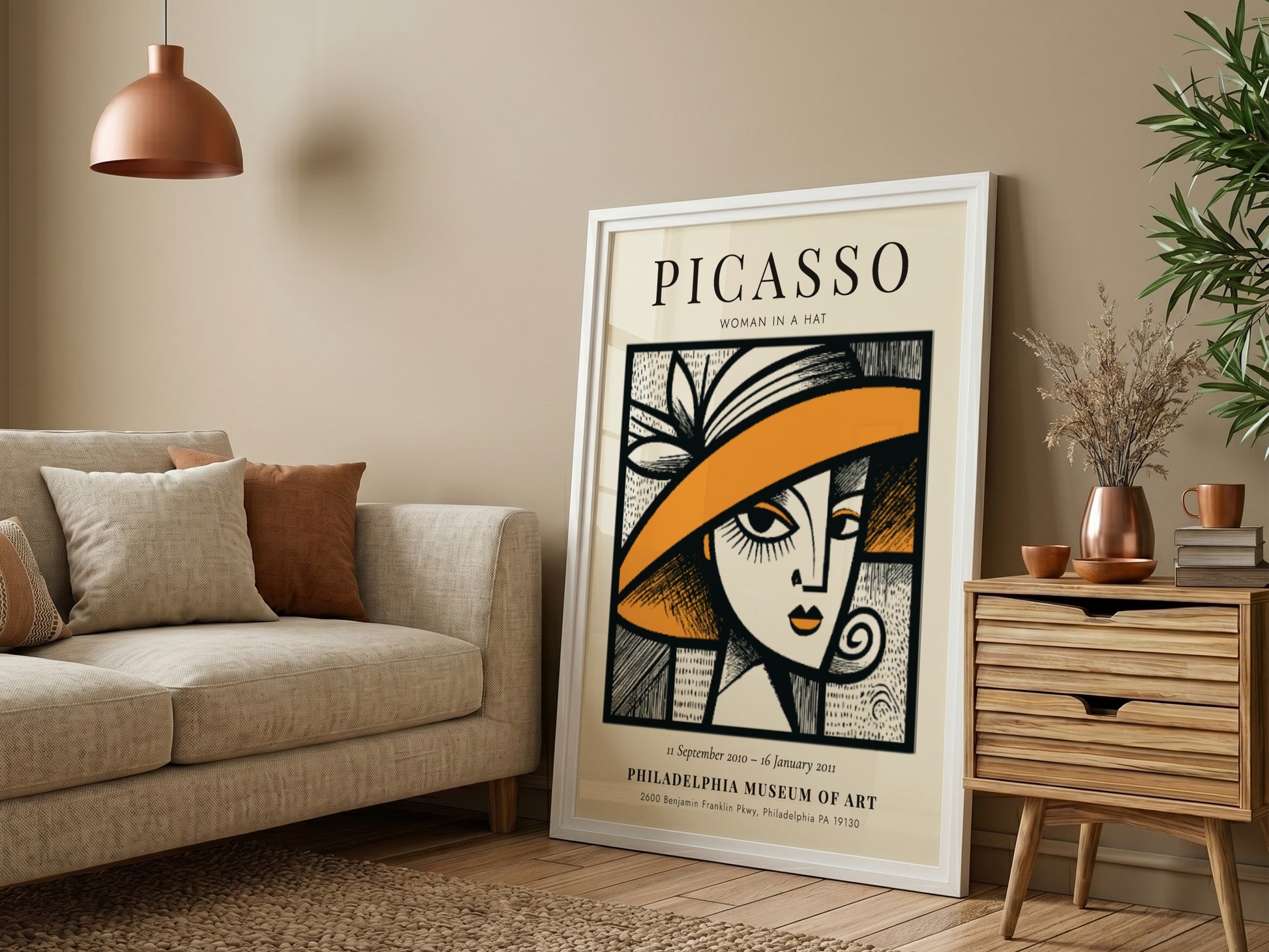 Woman in a Hat poster featuring bold lines and vibrant colors inspired by Picasso's style
