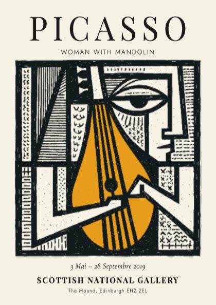 Woman with Mandolin poster featuring bold lines and warm colors, inspired by Picasso's unique style.