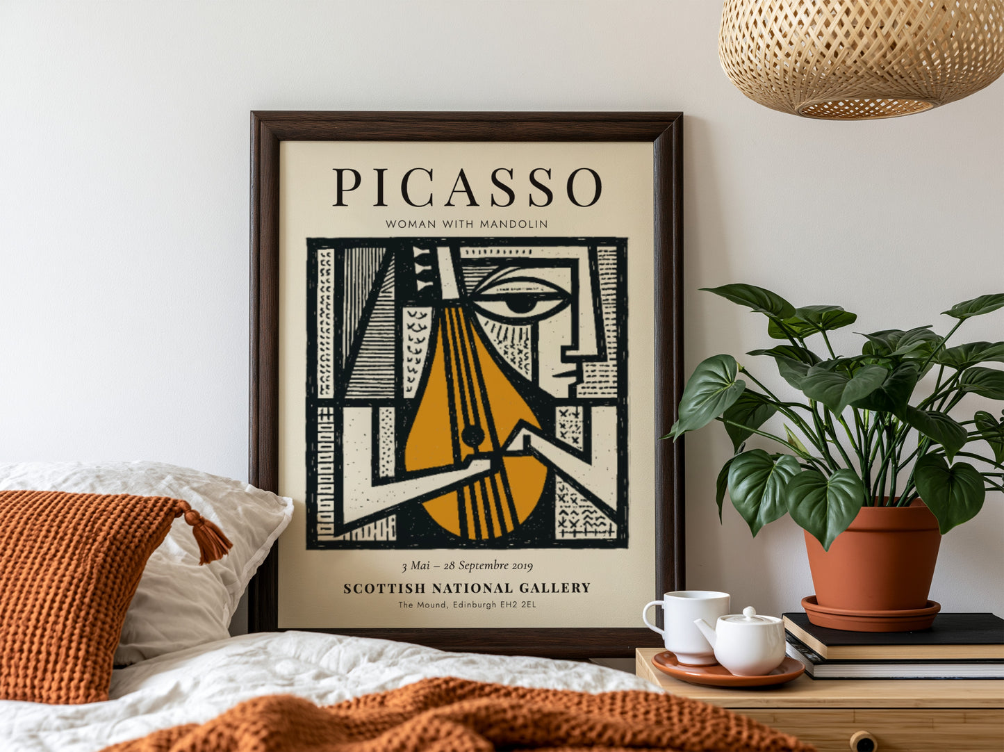 Woman with Mandolin poster featuring bold lines and warm colors, inspired by Picasso's unique style.