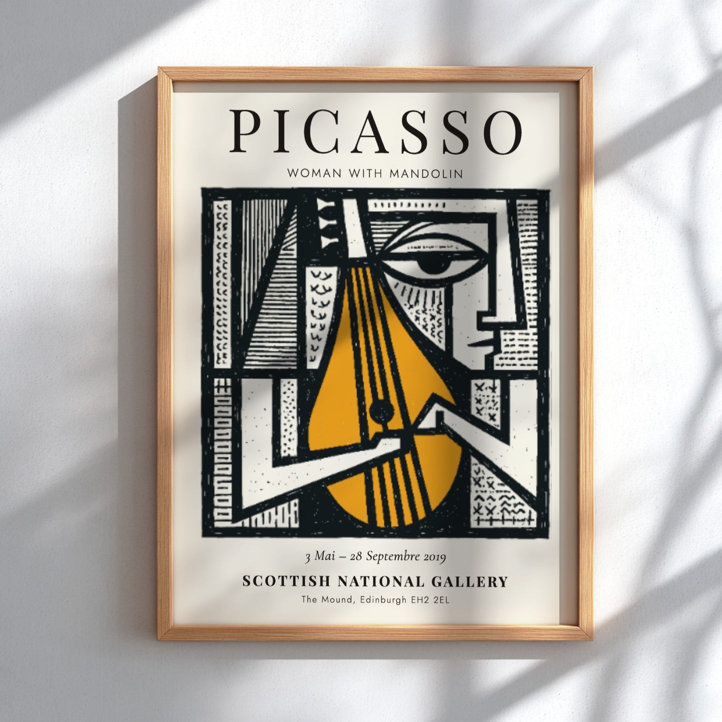 Woman with Mandolin poster featuring bold lines and warm colors, inspired by Picasso's unique style.
