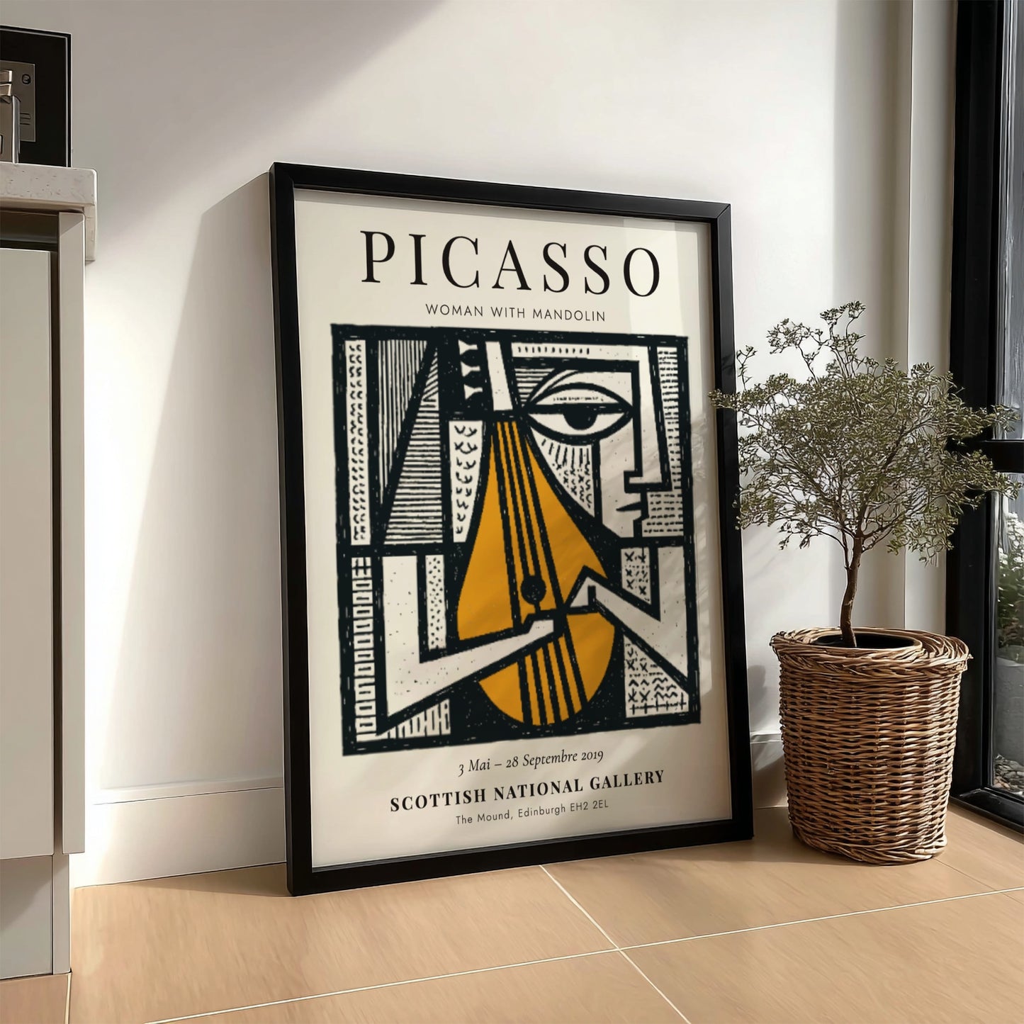 Woman with Mandolin poster featuring bold lines and warm colors, inspired by Picasso's unique style.
