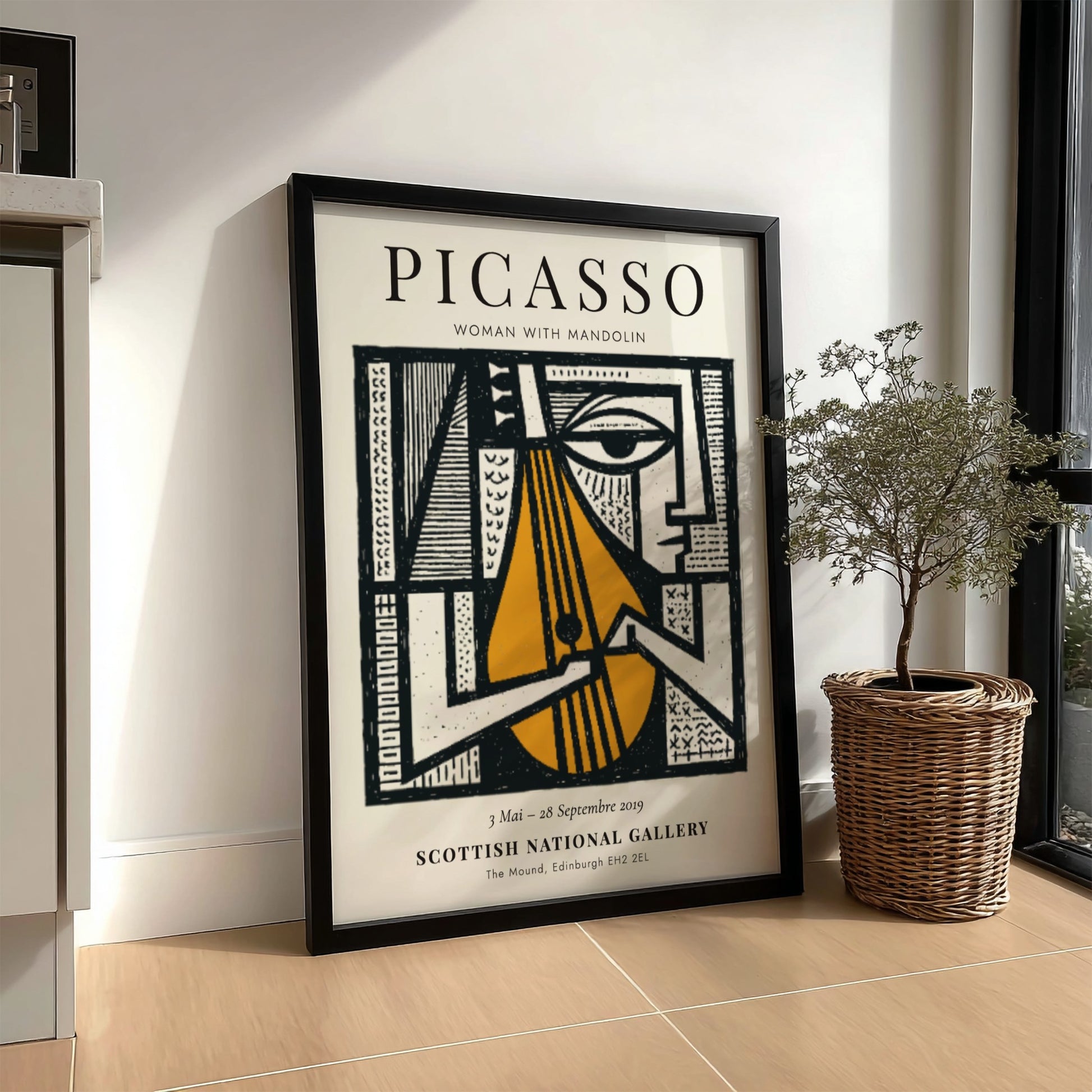 Woman with Mandolin poster featuring bold lines and warm colors, inspired by Picasso's unique style.