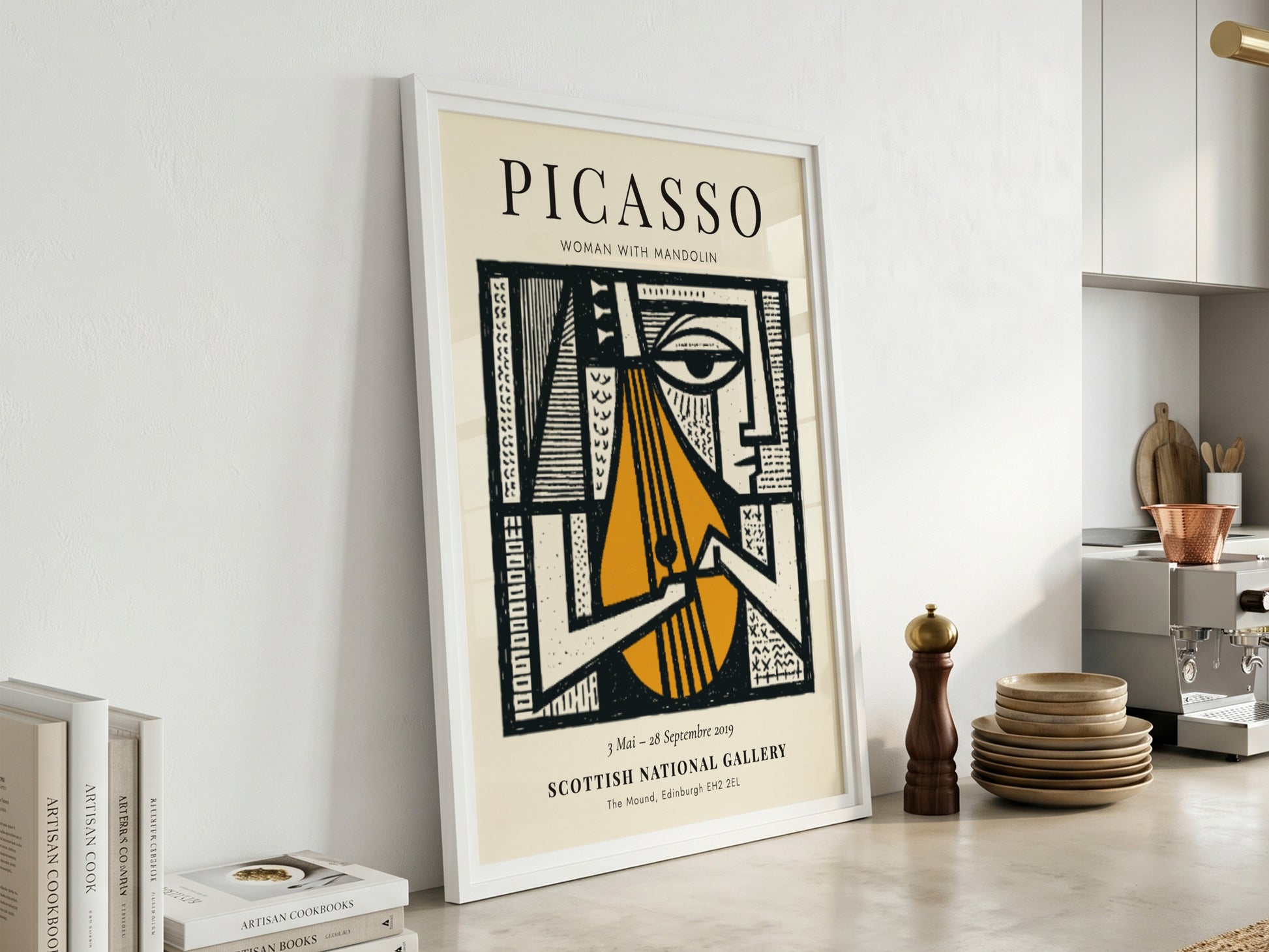 Woman with Mandolin poster featuring bold lines and warm colors, inspired by Picasso's unique style.