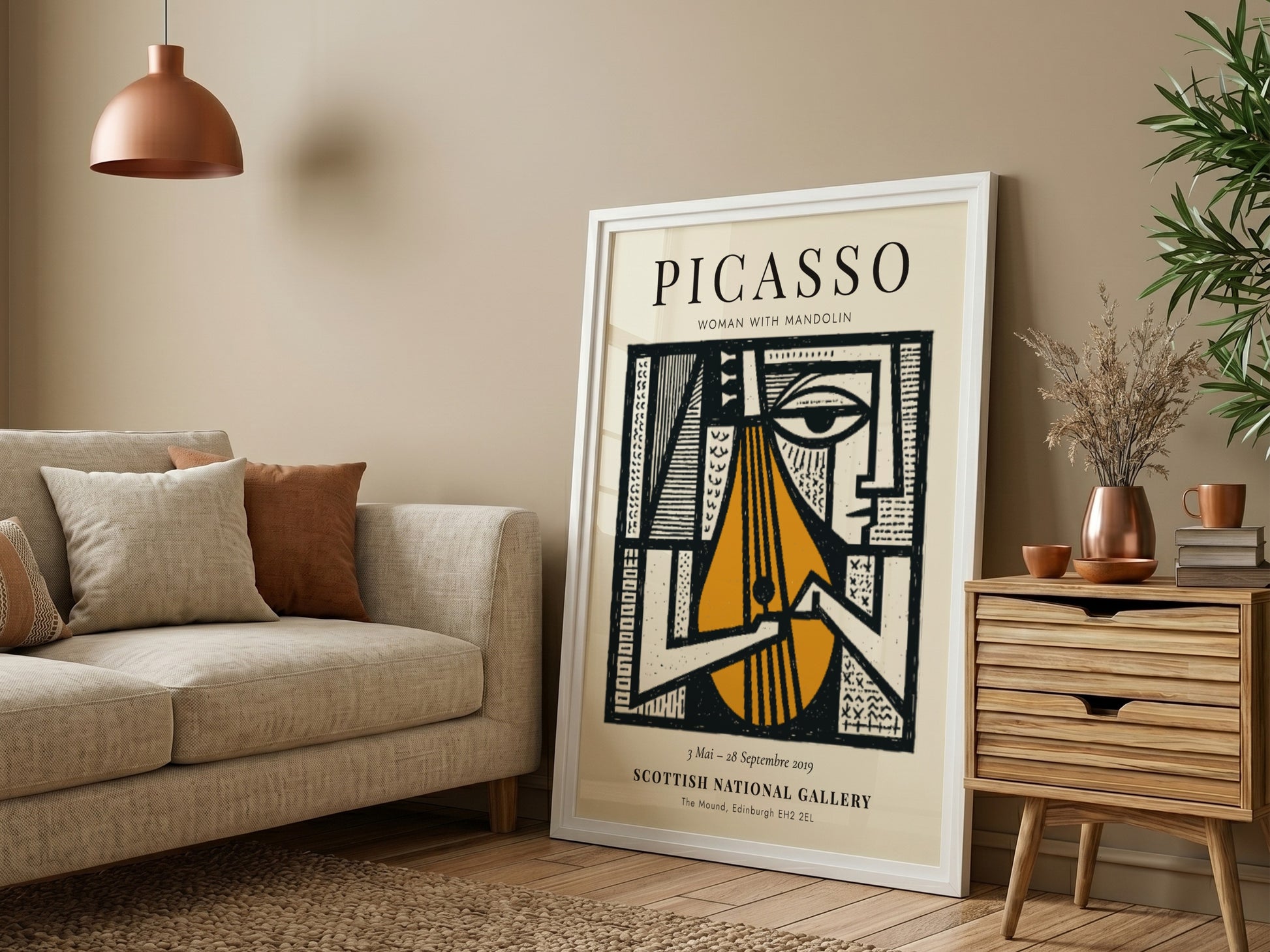 Woman with Mandolin poster featuring bold lines and warm colors, inspired by Picasso's unique style.
