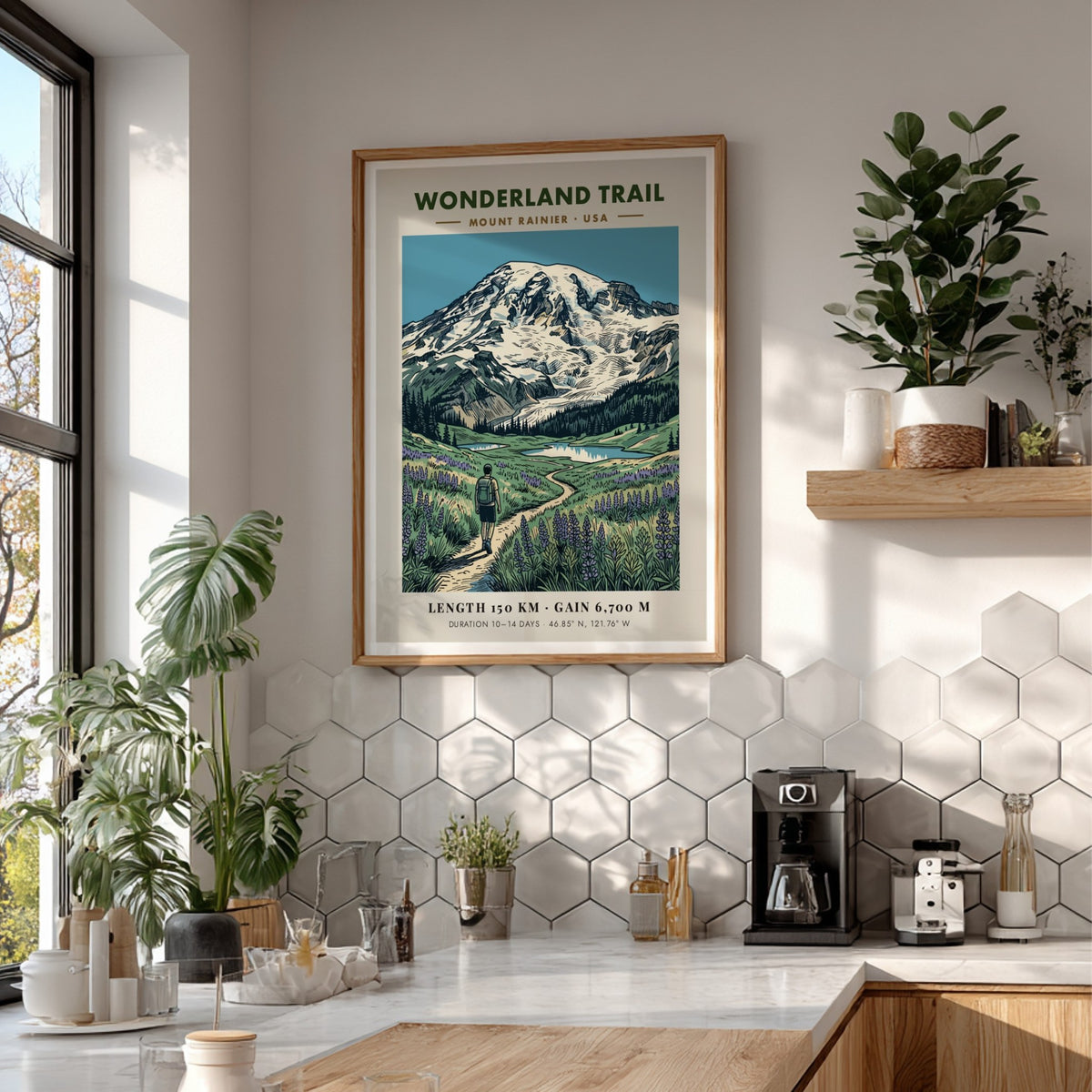Hiking poster featuring the Wonderland Trail at Mount Rainier with purple flowers and glacier.