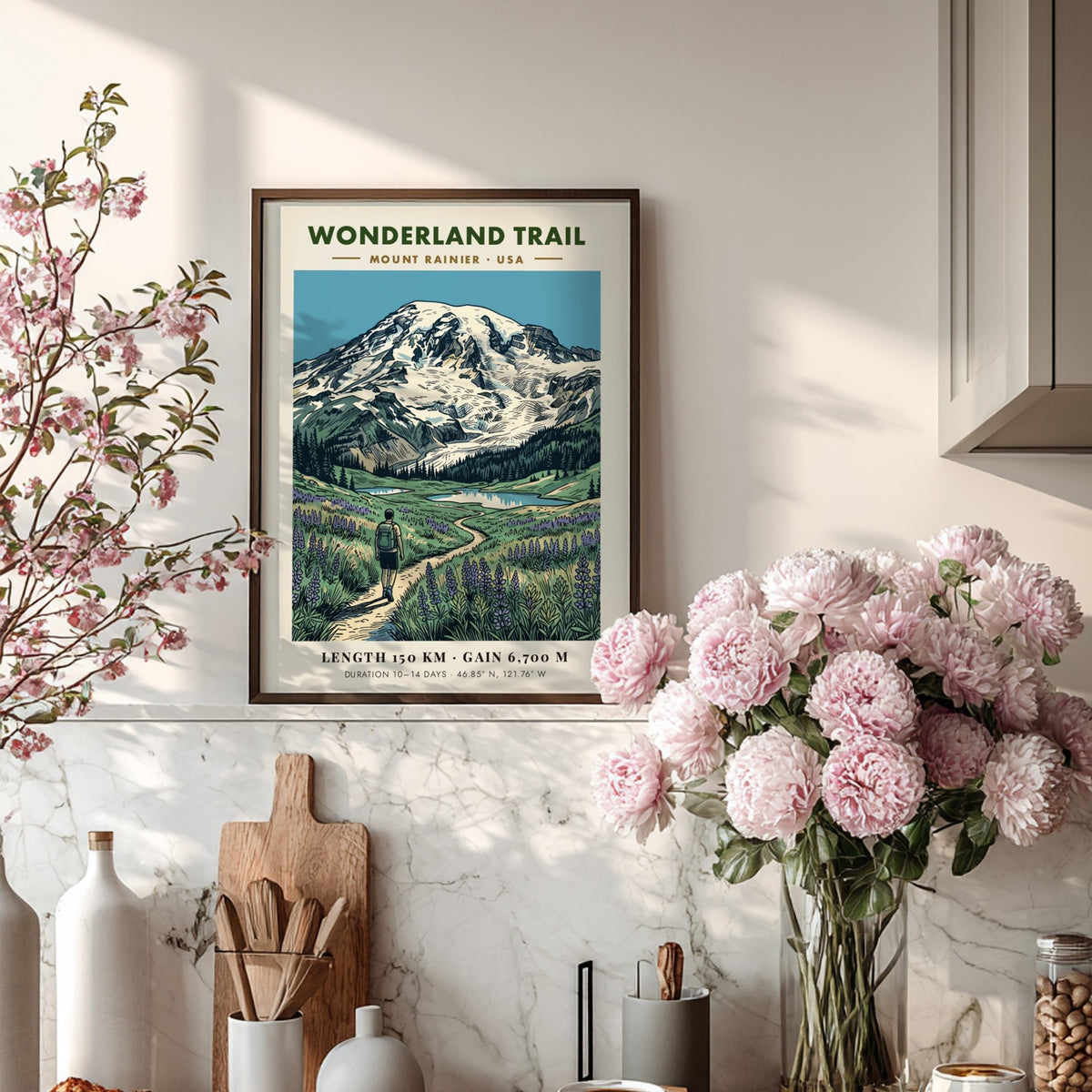 Hiking poster featuring the Wonderland Trail at Mount Rainier with purple flowers and glacier.