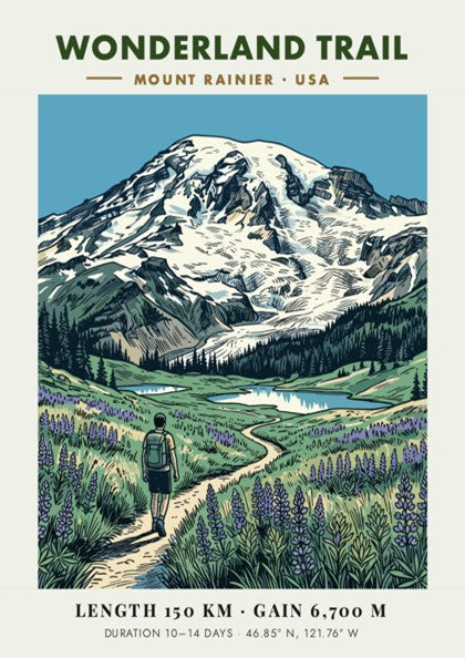 Hiking poster featuring the Wonderland Trail at Mount Rainier with purple flowers and glacier.