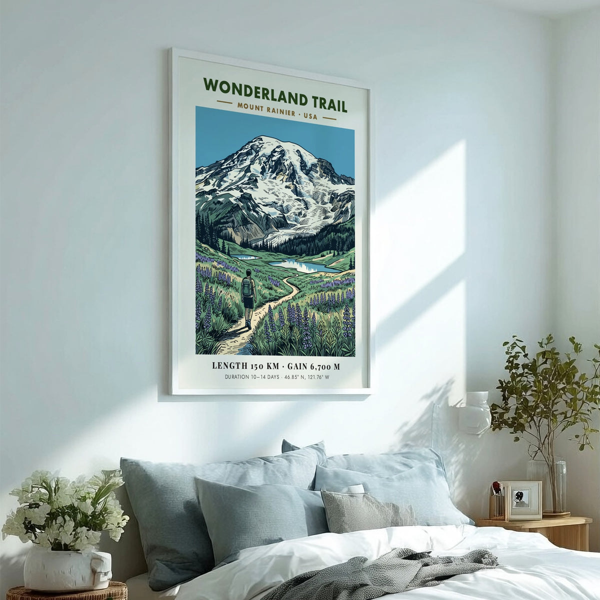 Hiking poster featuring the Wonderland Trail at Mount Rainier with purple flowers and glacier.
