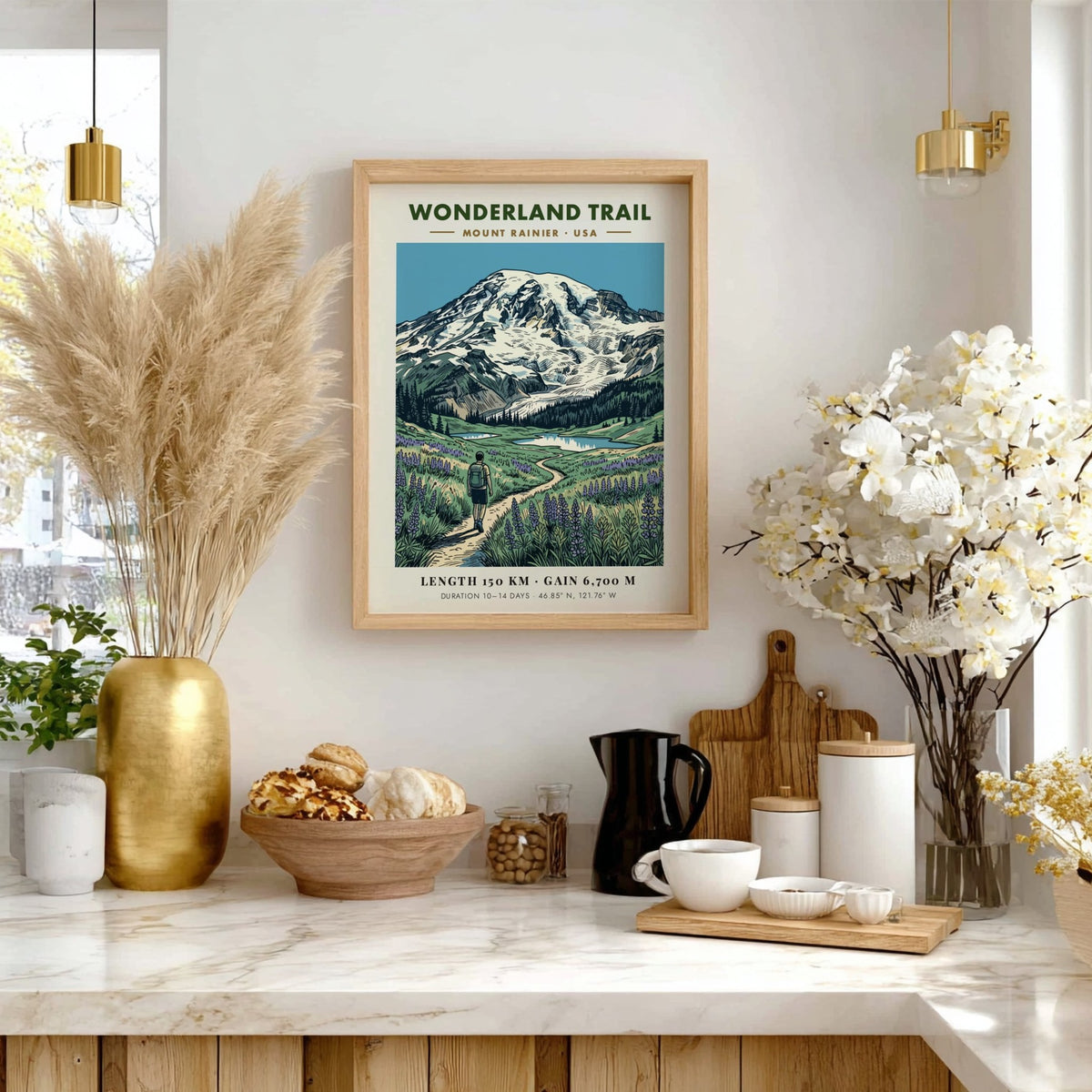 Hiking poster featuring the Wonderland Trail at Mount Rainier with purple flowers and glacier.