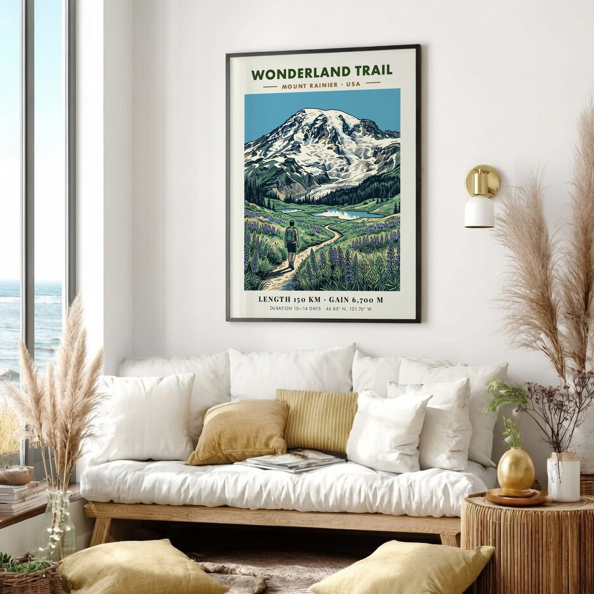 Hiking poster featuring the Wonderland Trail at Mount Rainier with purple flowers and glacier.