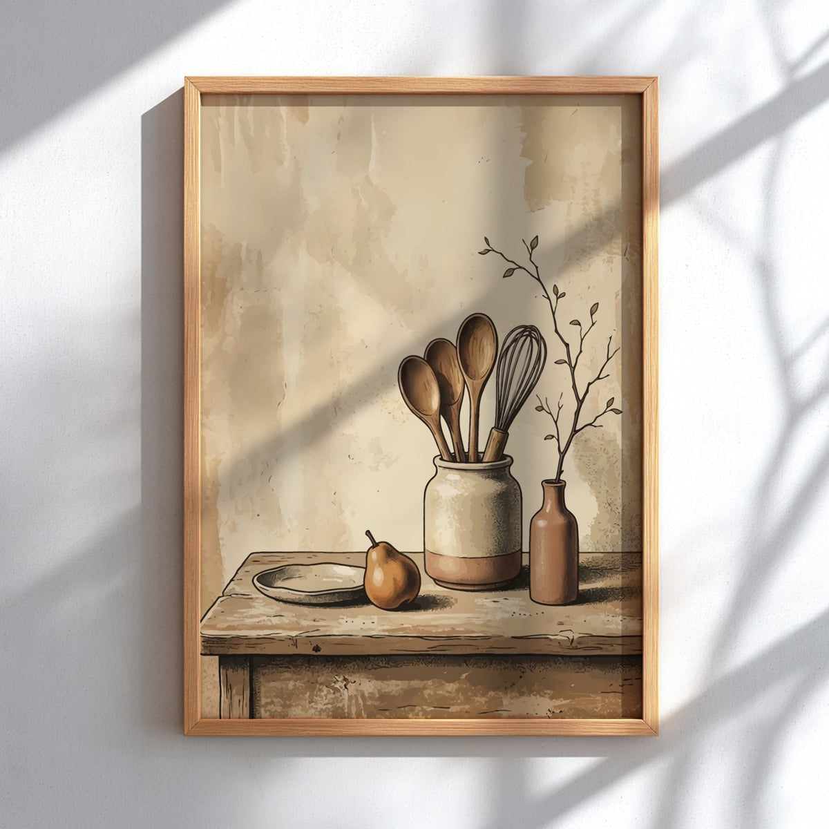 Poster featuring wooden spoons in a jar, a pear, and a branch on table.
