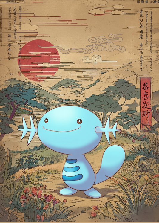 Wooper Pokemon in a traditional Japanese landscape with a red sun and green trees.