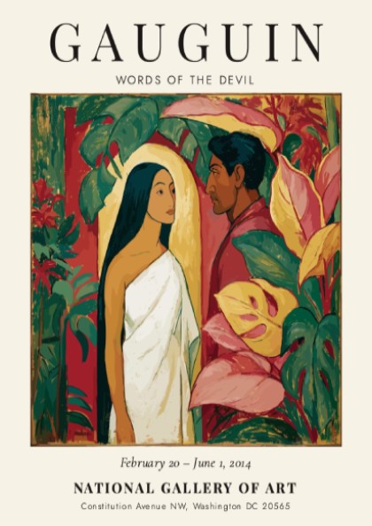 Gauguin Exhibition Poster featuring 'Words of the Devil' with vibrant colors and tropical themes