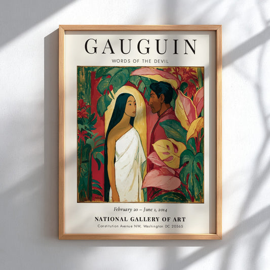 Gauguin Exhibition Poster featuring 'Words of the Devil' with vibrant colors and tropical themes