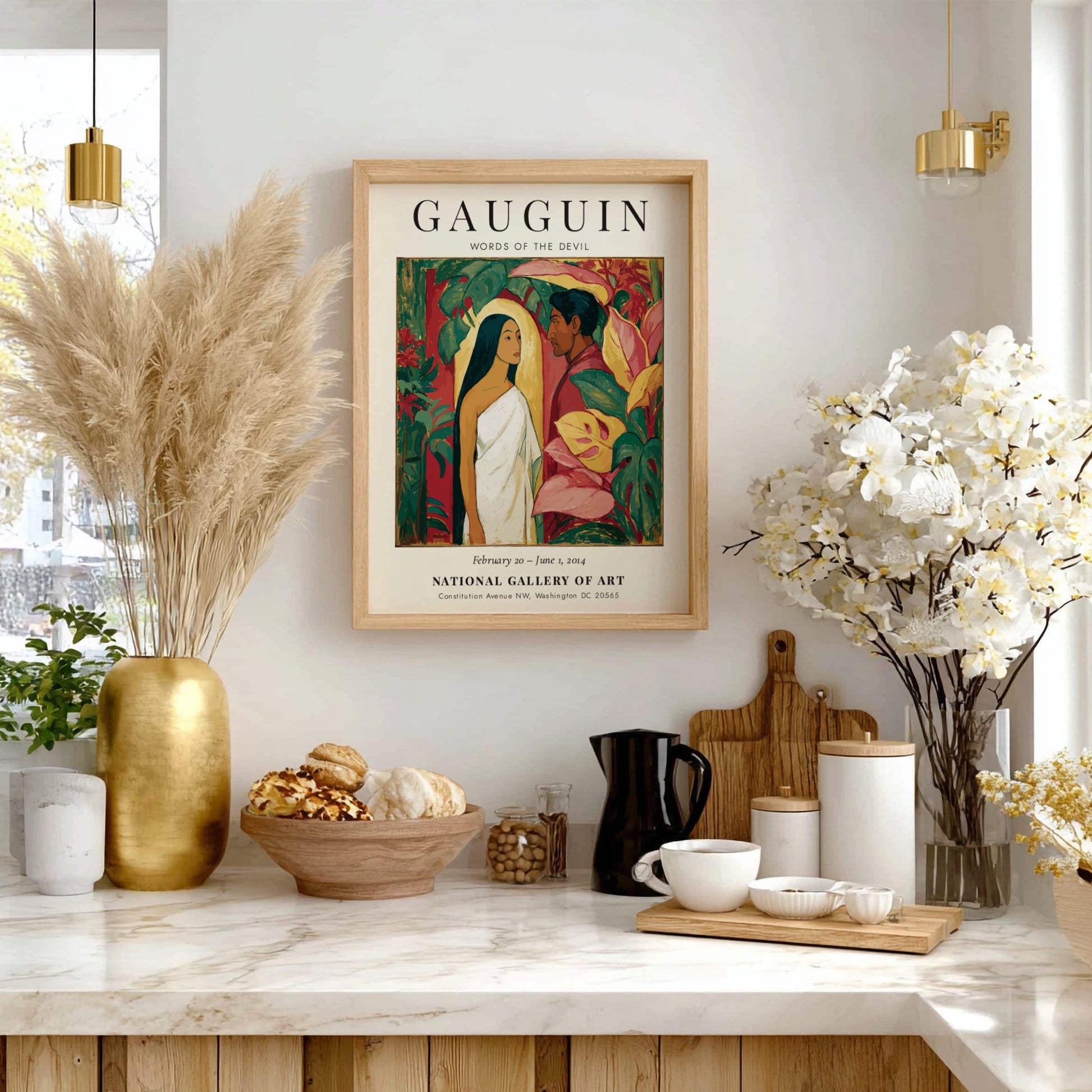 Gauguin Exhibition Poster featuring 'Words of the Devil' with vibrant colors and tropical themes