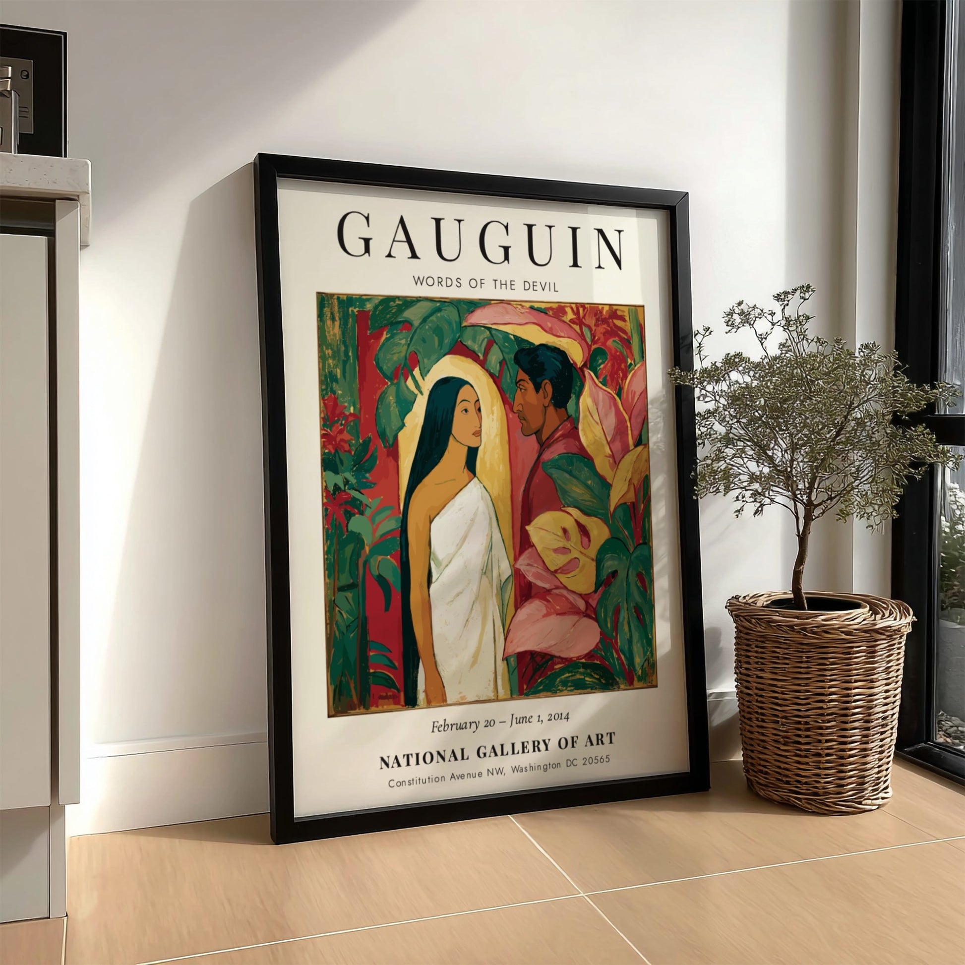 Gauguin Exhibition Poster featuring 'Words of the Devil' with vibrant colors and tropical themes