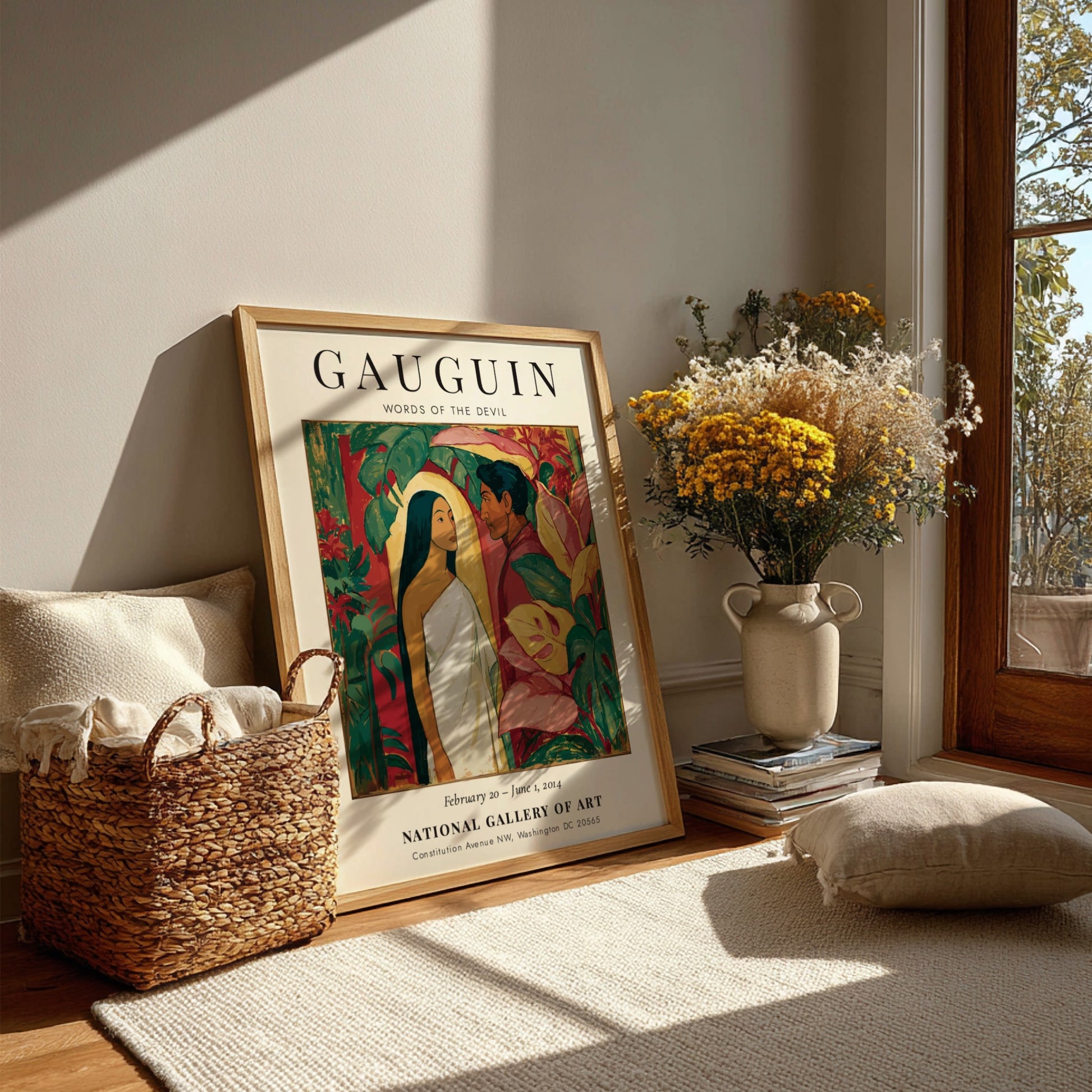 Gauguin Exhibition Poster featuring 'Words of the Devil' with vibrant colors and tropical themes