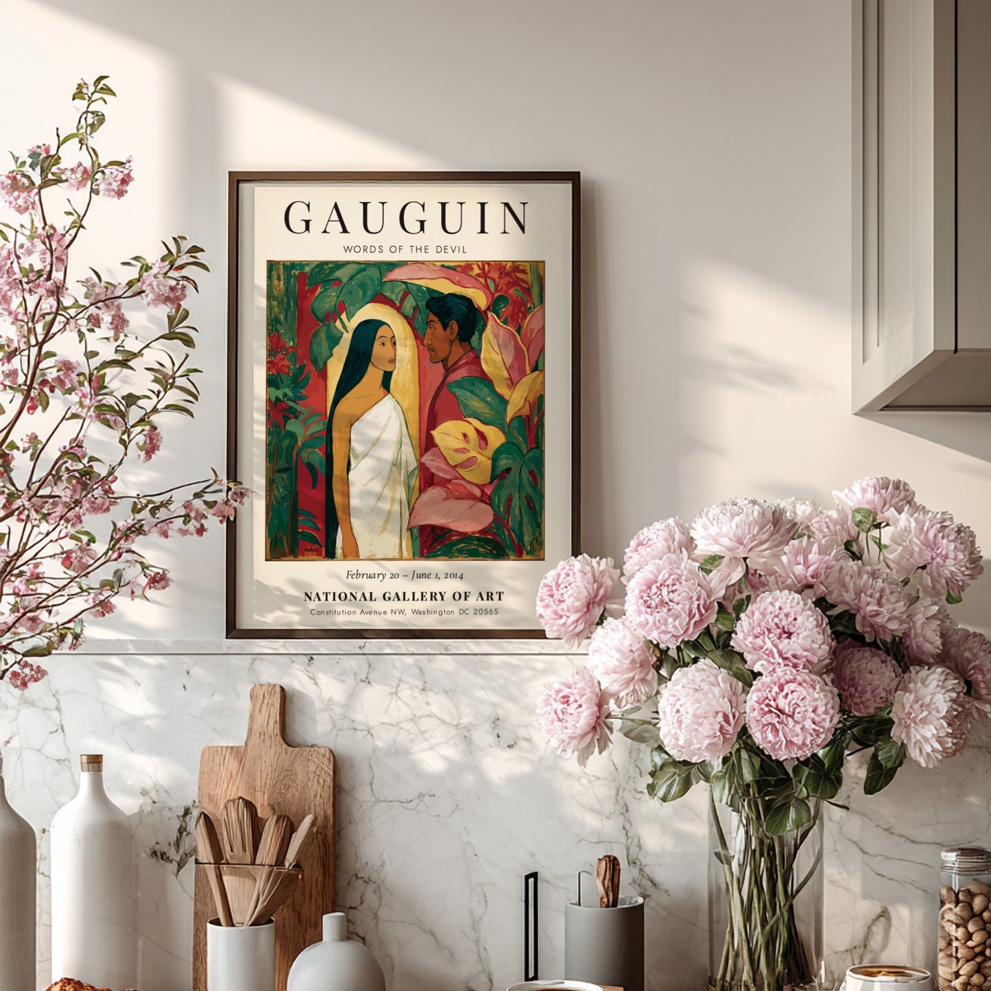 Gauguin Exhibition Poster featuring 'Words of the Devil' with vibrant colors and tropical themes