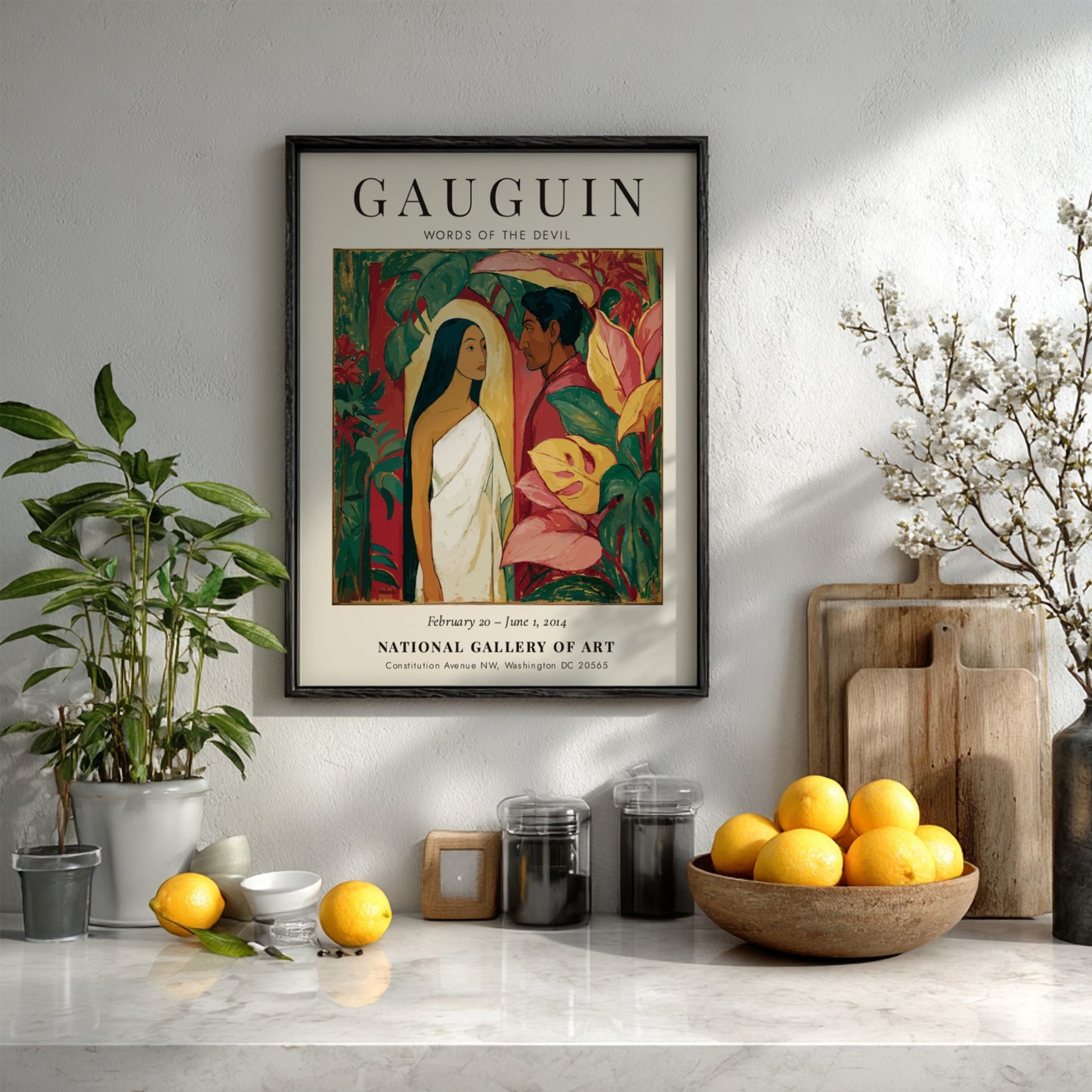 Gauguin Exhibition Poster featuring 'Words of the Devil' with vibrant colors and tropical themes