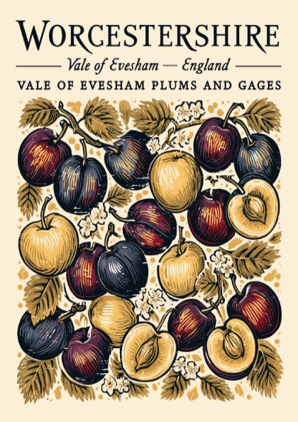 Kitchen poster featuring vibrant plums and gages in rich colors, vintage style, perfect for wall decor.