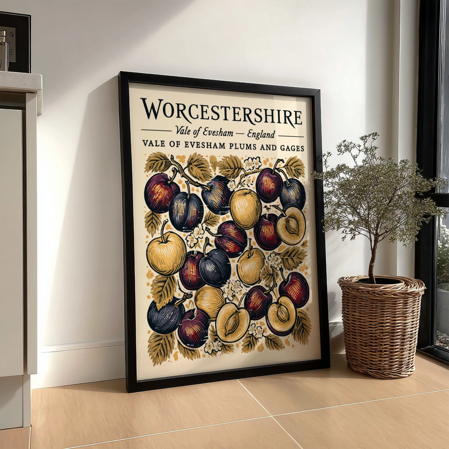 Kitchen poster featuring vibrant plums and gages in rich colors, vintage style, perfect for wall decor.