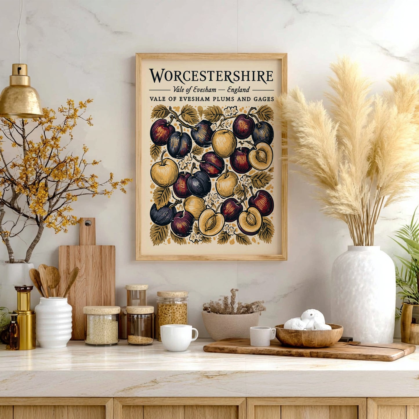Kitchen poster featuring vibrant plums and gages in rich colors, vintage style, perfect for wall decor.