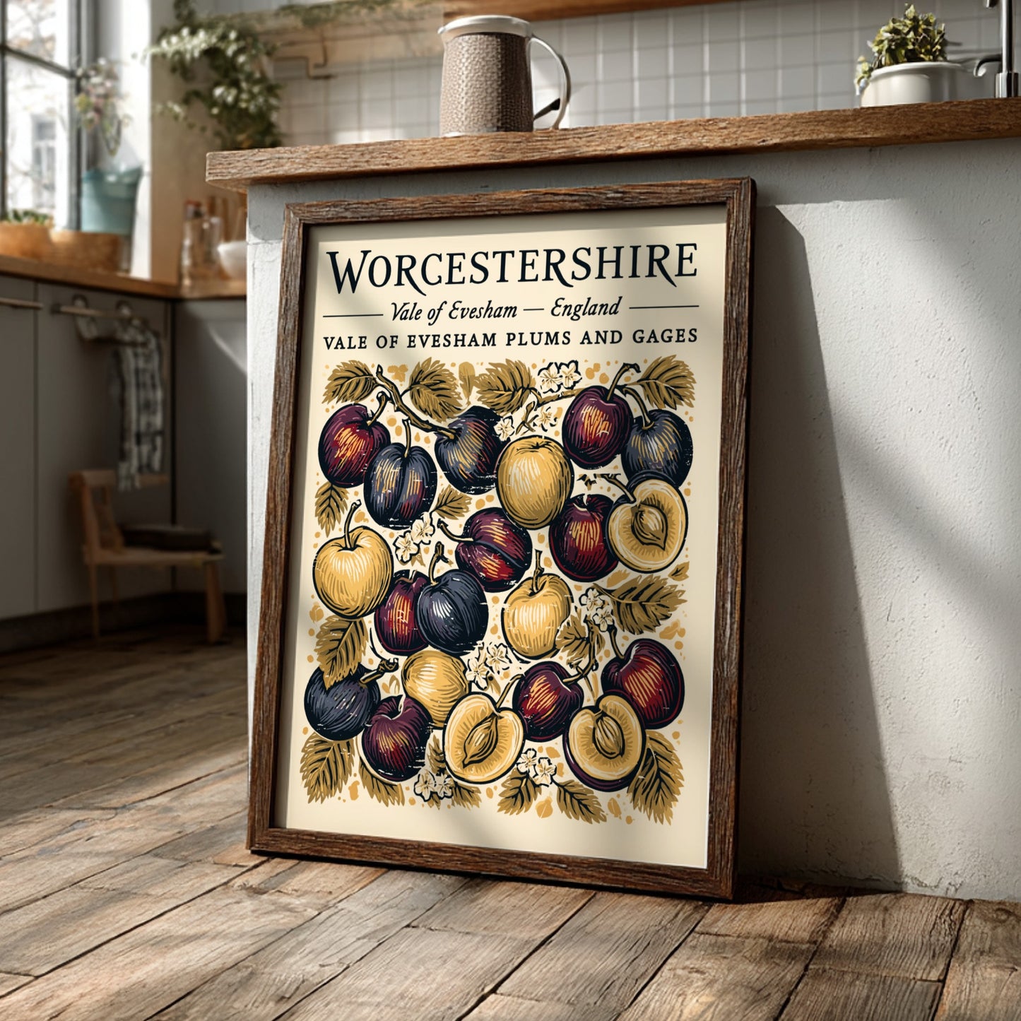 Kitchen poster featuring vibrant plums and gages in rich colors, vintage style, perfect for wall decor.
