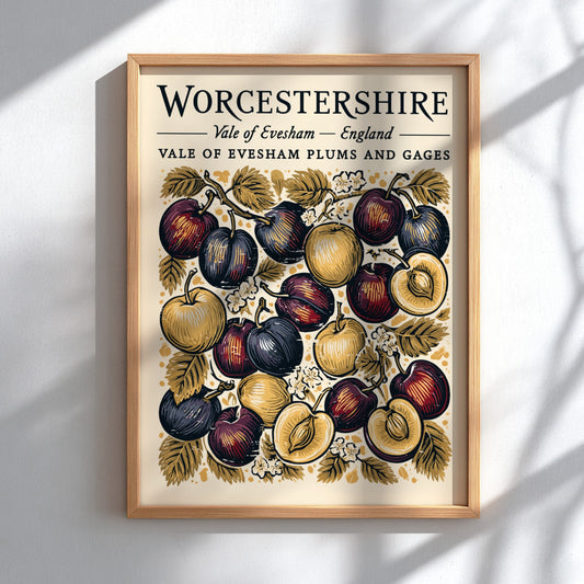 Kitchen poster featuring vibrant plums and gages in rich colors, vintage style, perfect for wall decor.