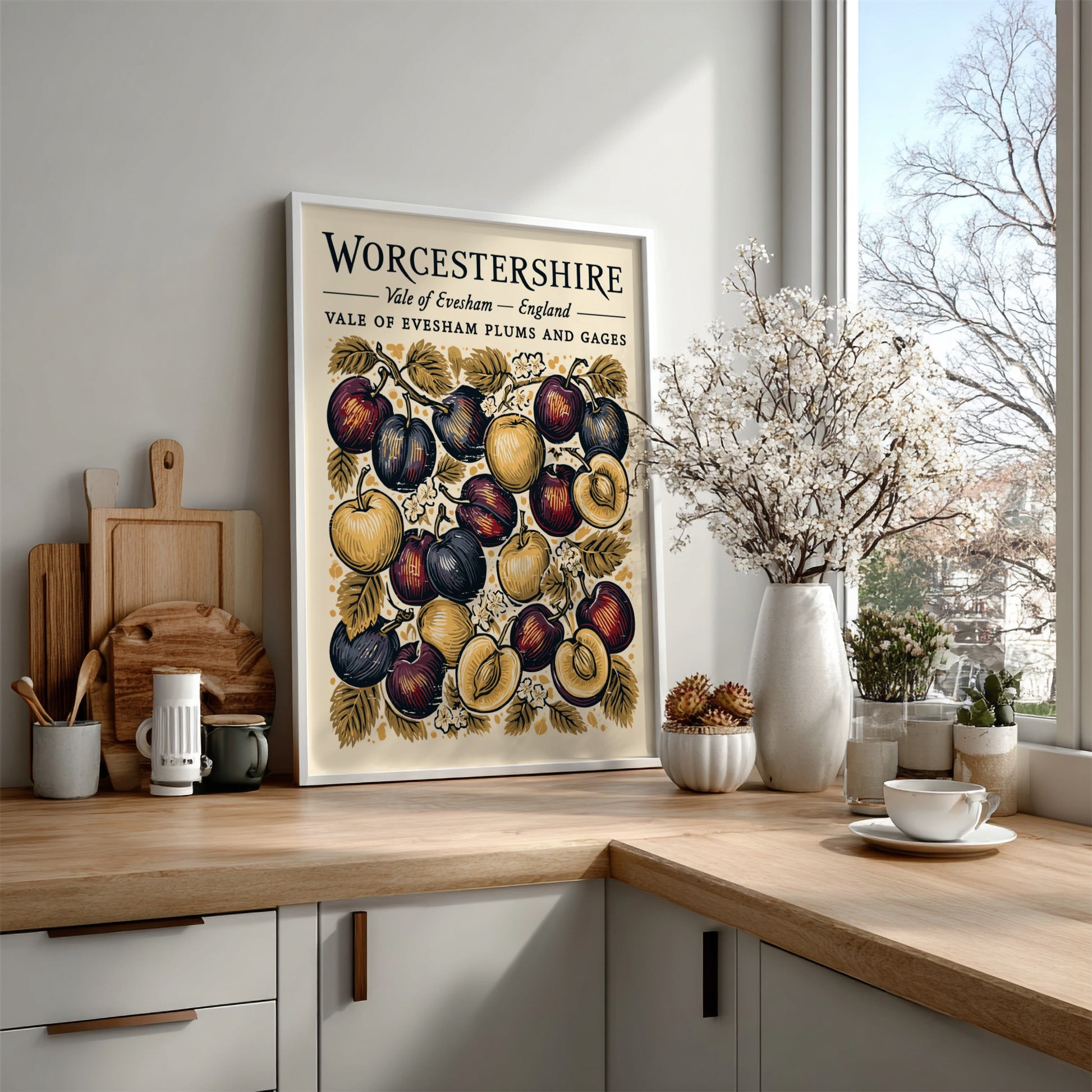 Kitchen poster featuring vibrant plums and gages in rich colors, vintage style, perfect for wall decor.
