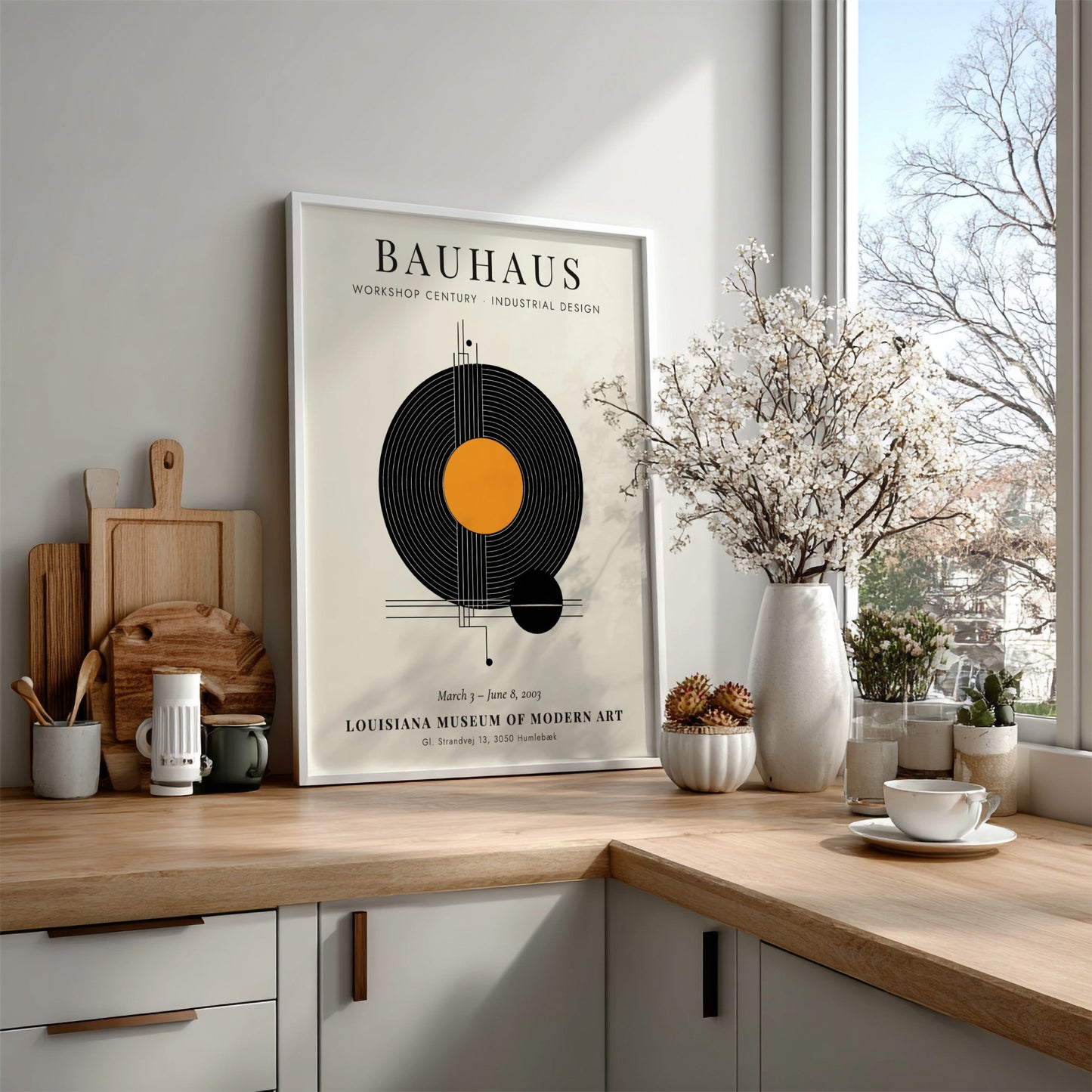 Bauhaus poster showcasing industrial design with geometric shapes and vibrant colors