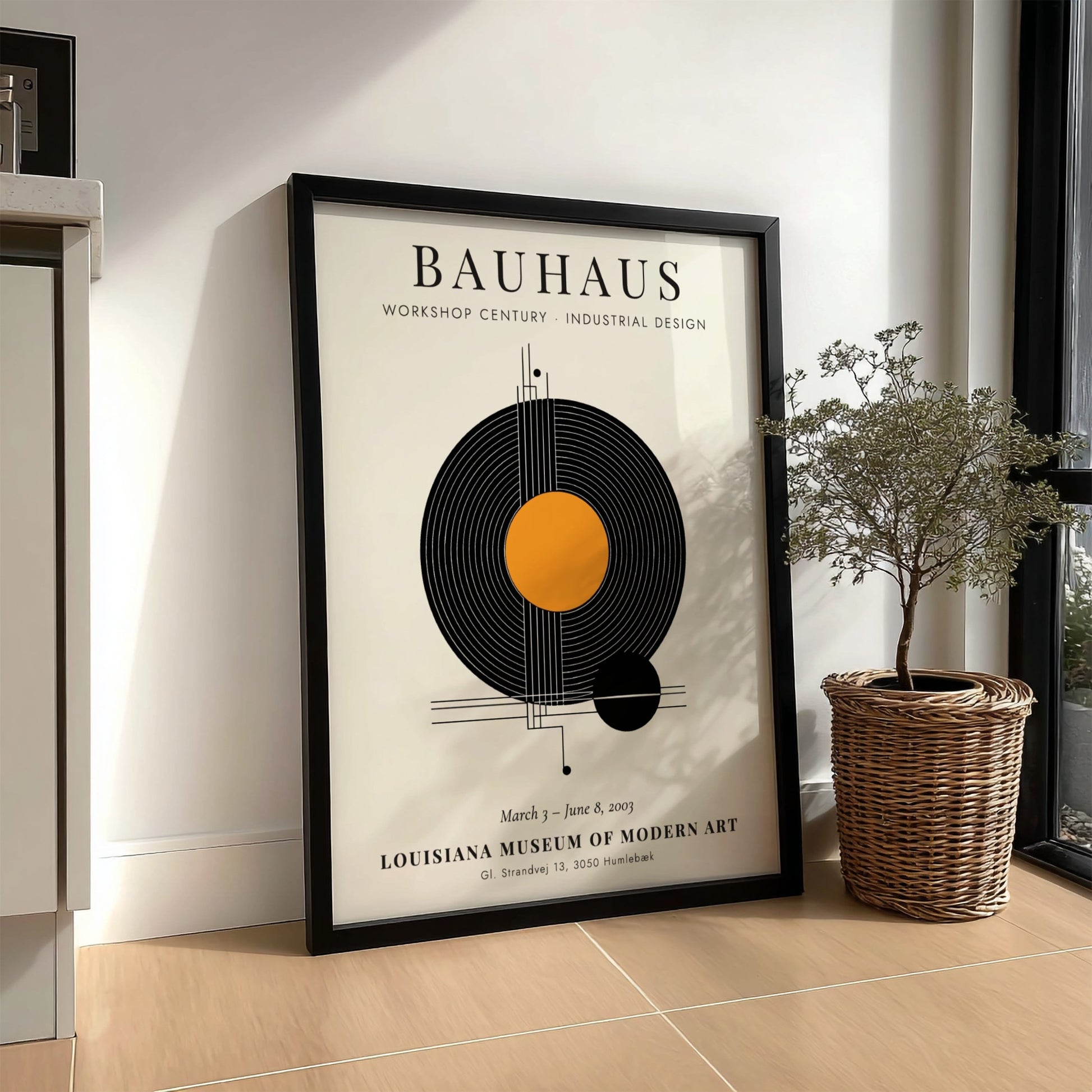 Bauhaus poster showcasing industrial design with geometric shapes and vibrant colors