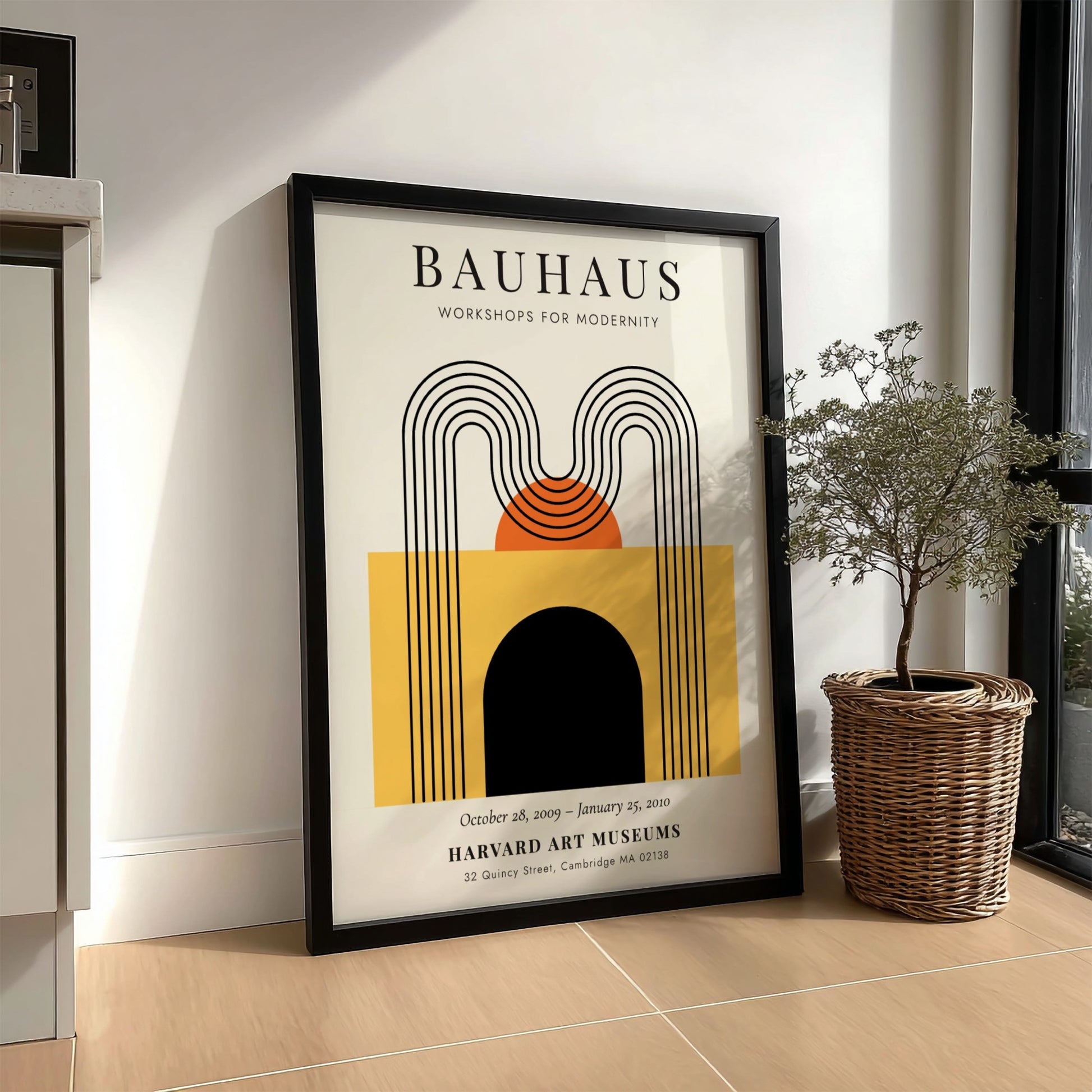Bauhaus poster featuring geometric shapes in warm colors, modernist design art print