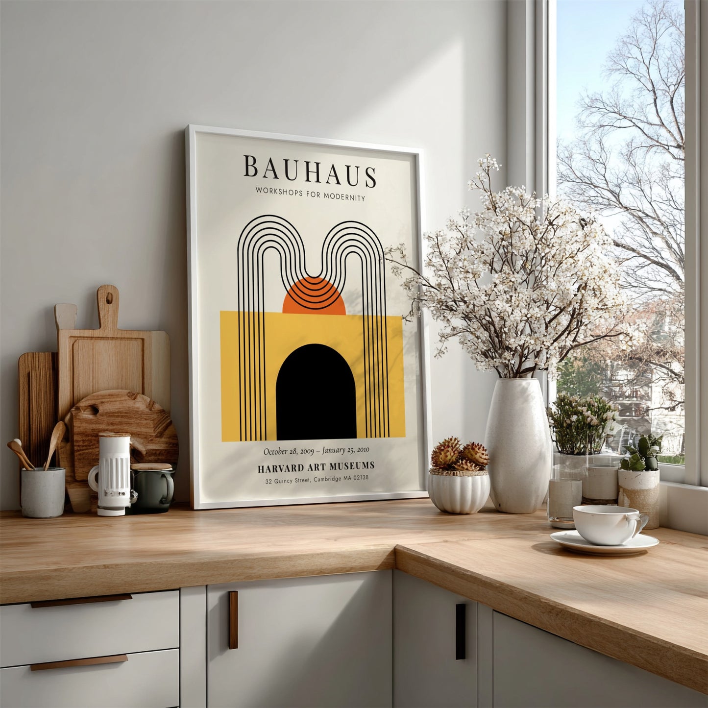 Bauhaus poster featuring geometric shapes in warm colors, modernist design art print