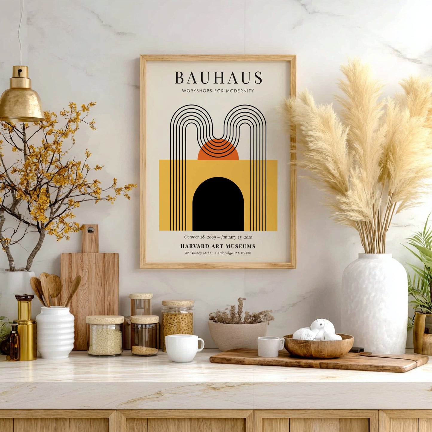 Bauhaus poster featuring geometric shapes in warm colors, modernist design art print