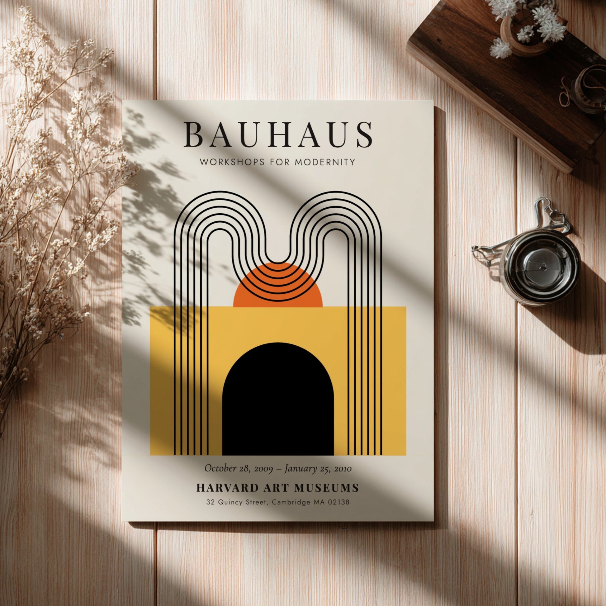 Bauhaus poster featuring geometric shapes in warm colors, modernist design art print