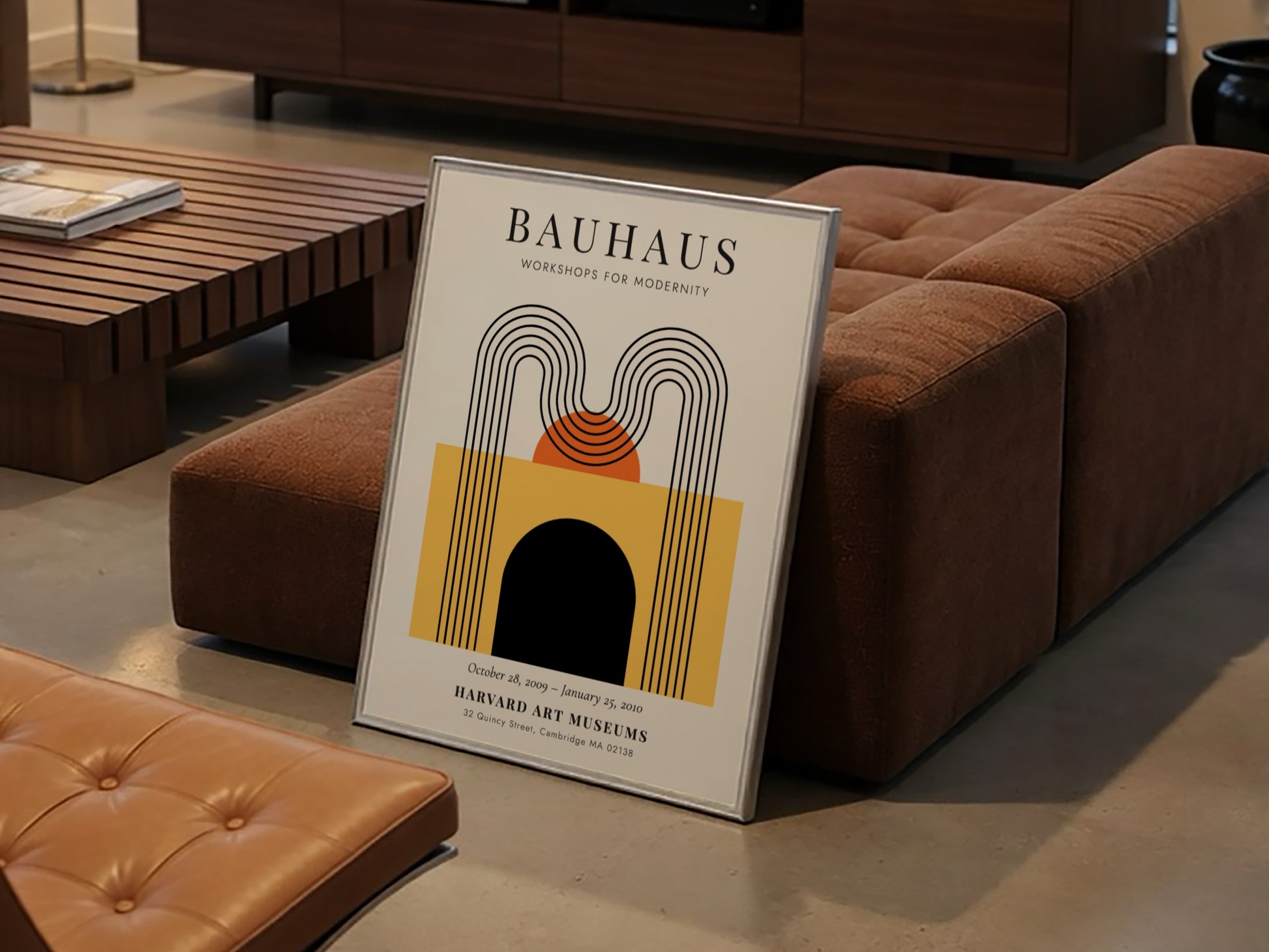 Bauhaus poster featuring geometric shapes in warm colors, modernist design art print