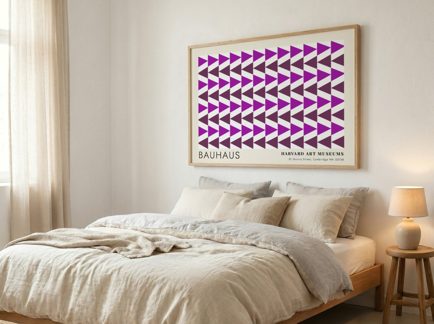 Wall art poster featuring repetitive purple geometric triangles and Bauhaus Harvard Art Museums text.