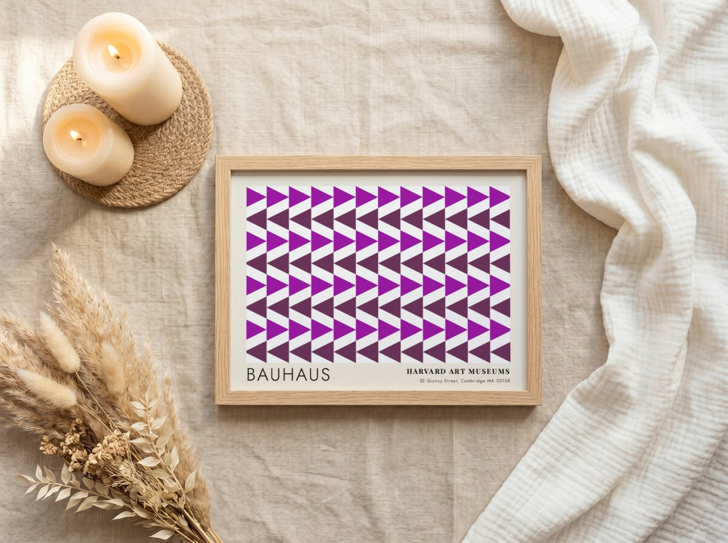 Wall art poster featuring repetitive purple geometric triangles and Bauhaus Harvard Art Museums text.