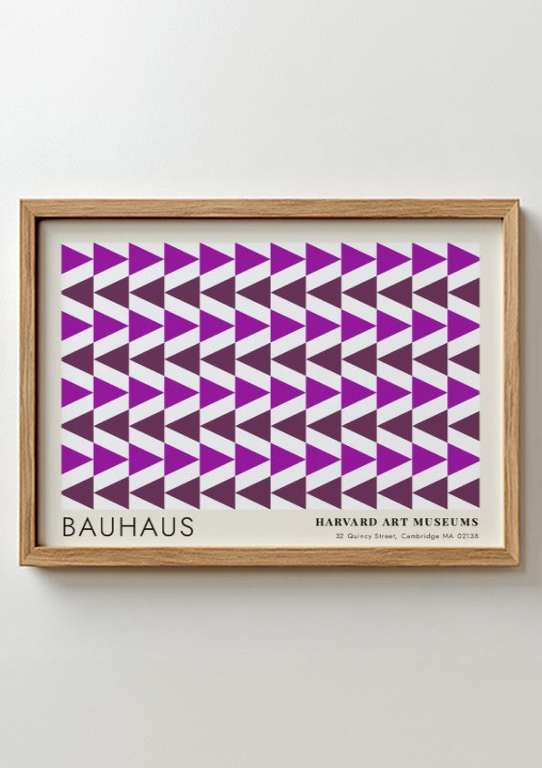Wall art poster featuring repetitive purple geometric triangles and Bauhaus Harvard Art Museums text.
