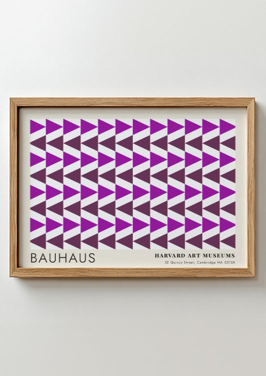 Wall art poster featuring repetitive purple geometric triangles and Bauhaus Harvard Art Museums text.