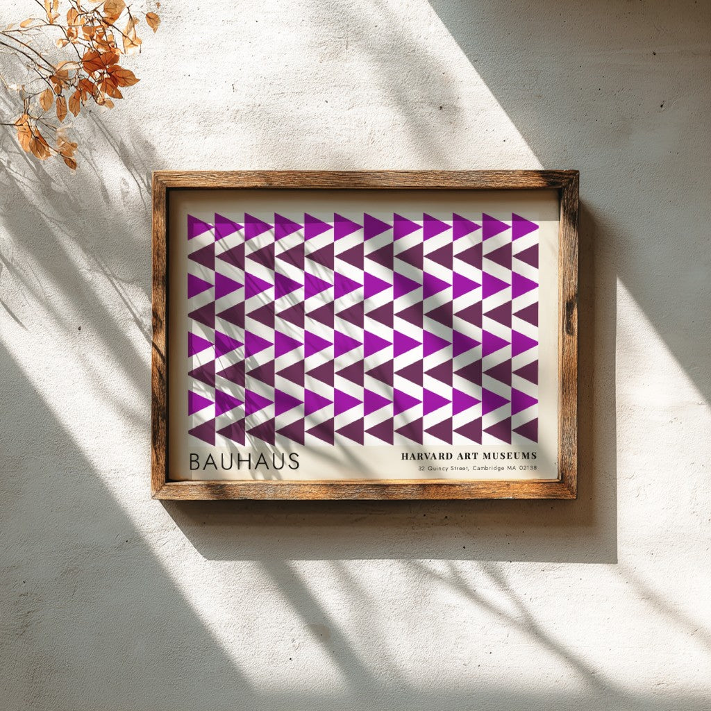 Wall art poster featuring repetitive purple geometric triangles and Bauhaus Harvard Art Museums text.