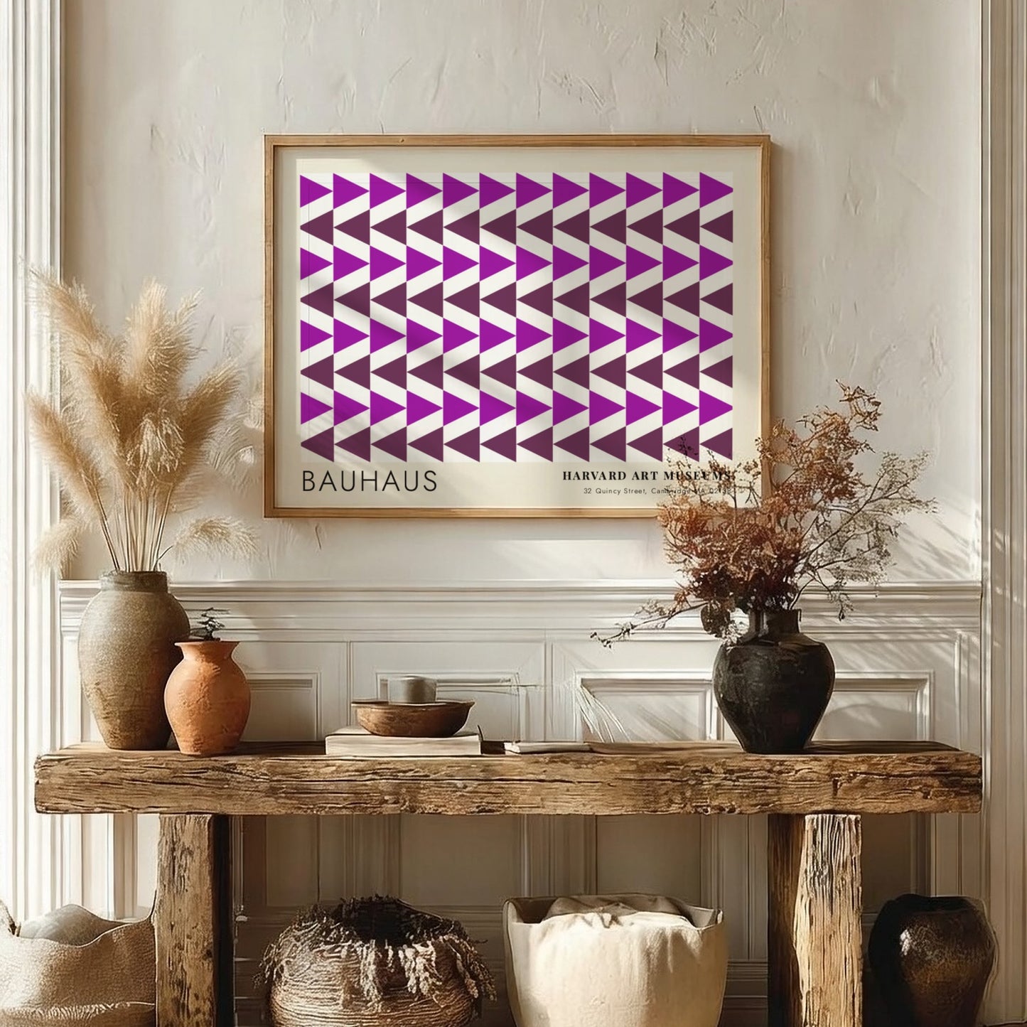 Wall art poster featuring repetitive purple geometric triangles and Bauhaus Harvard Art Museums text.