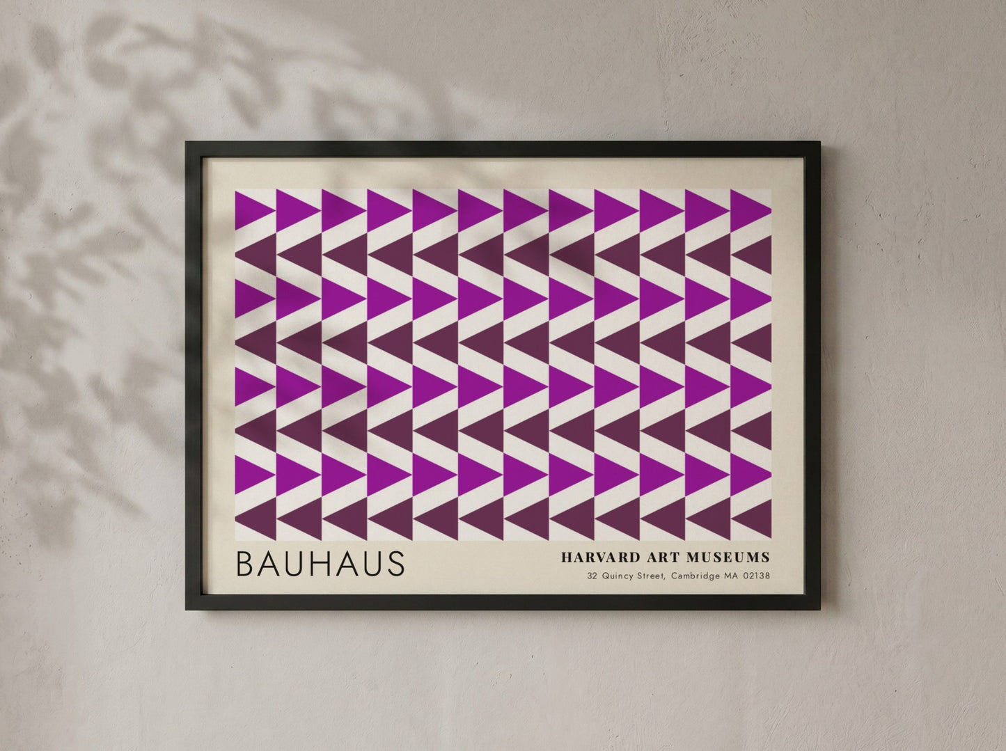 Wall art poster featuring repetitive purple geometric triangles and Bauhaus Harvard Art Museums text.