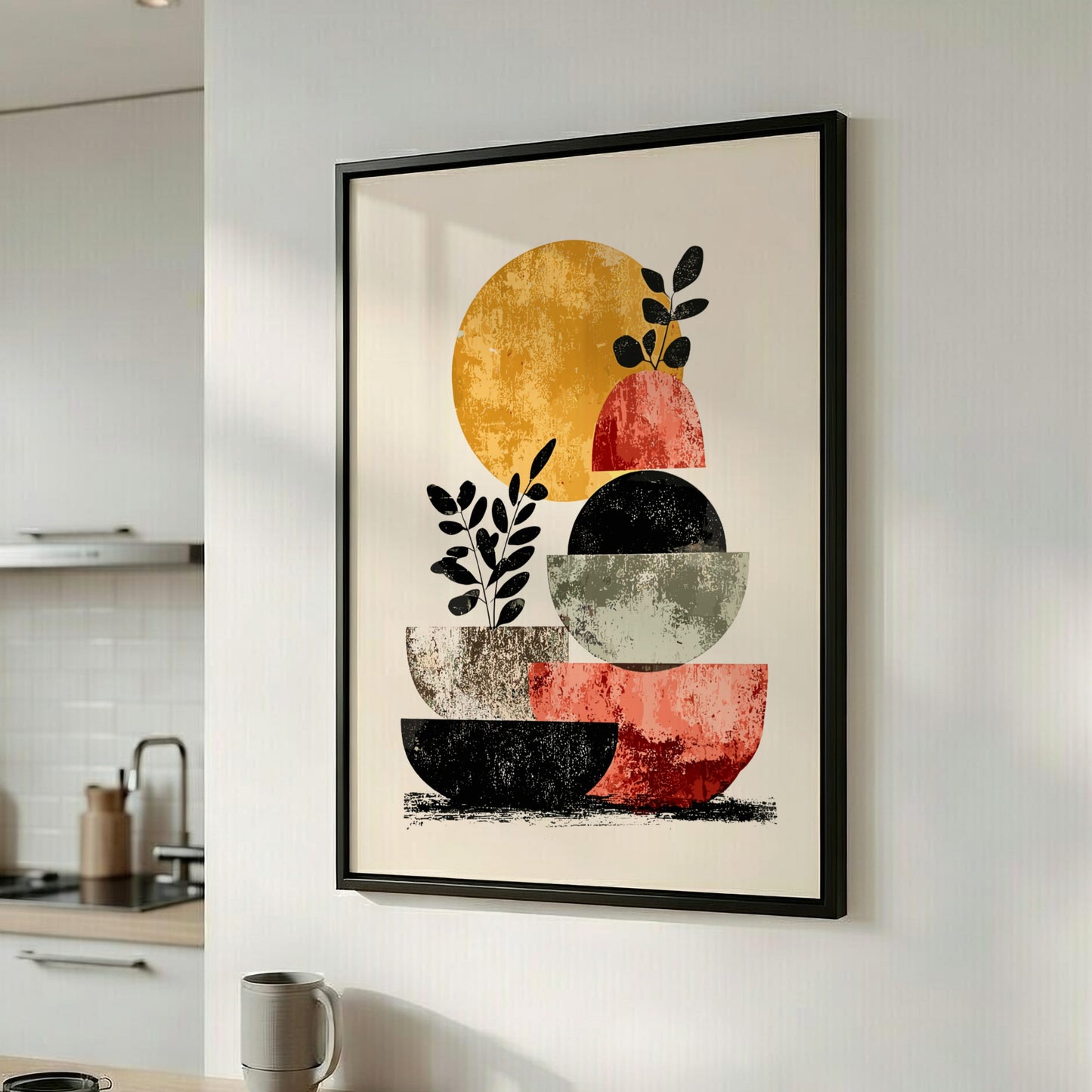 Framed abstract art piece on a kitchen wall
