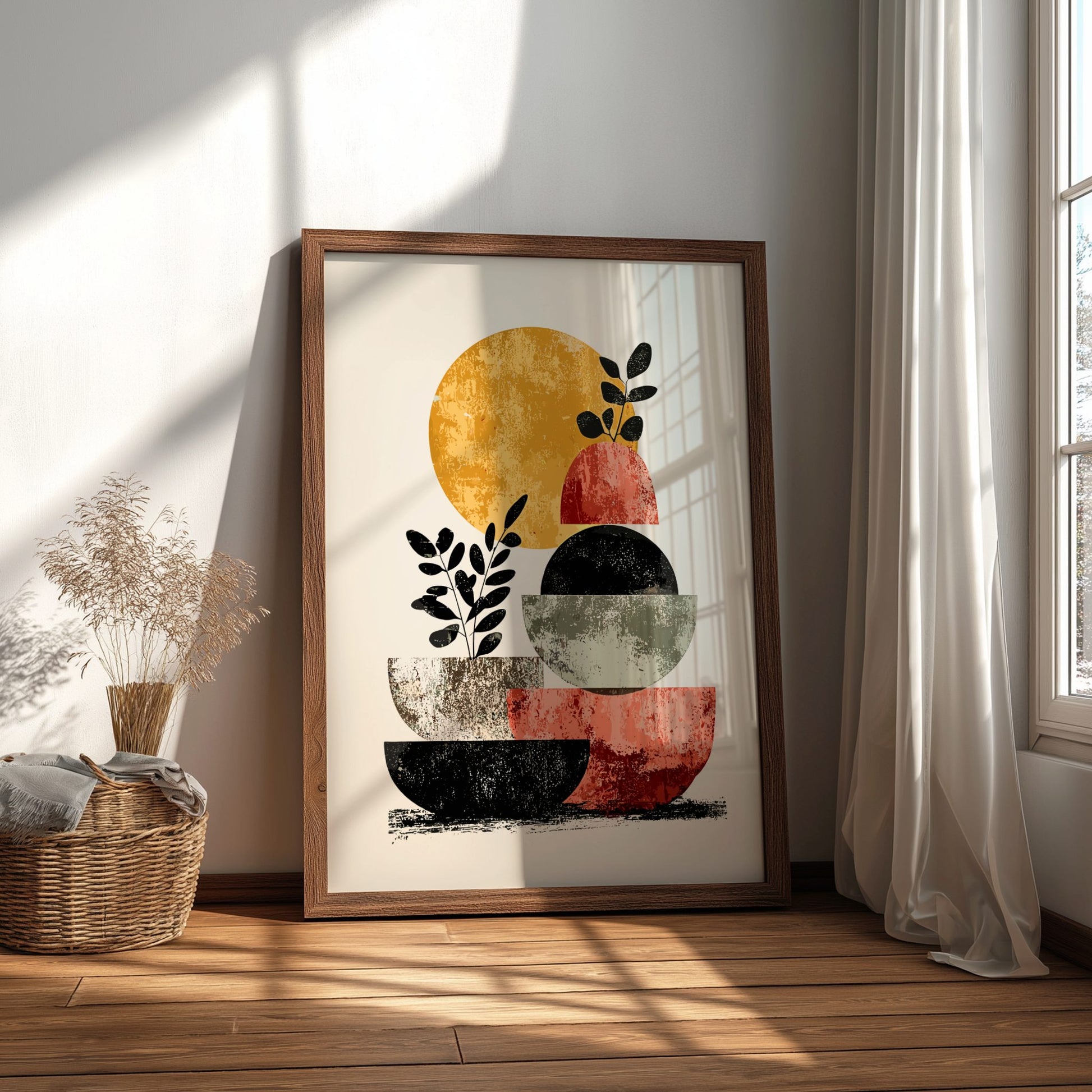 Framed abstract art print on a wall with natural light casting shadows.