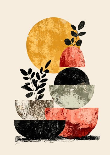 Abstract art with geometric shapes and leaves on a beige background