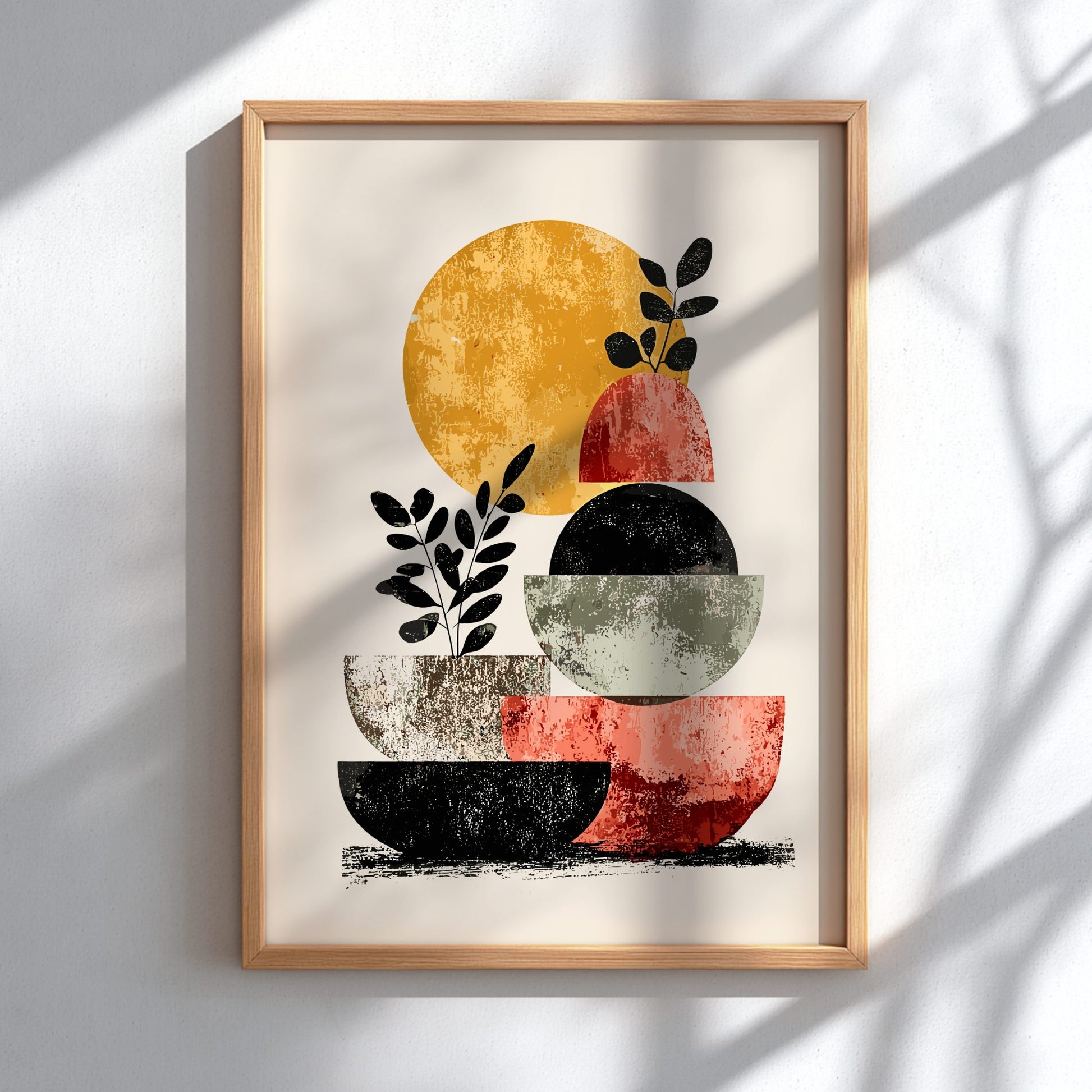 Framed abstract art print with geometric shapes and plants on a light background