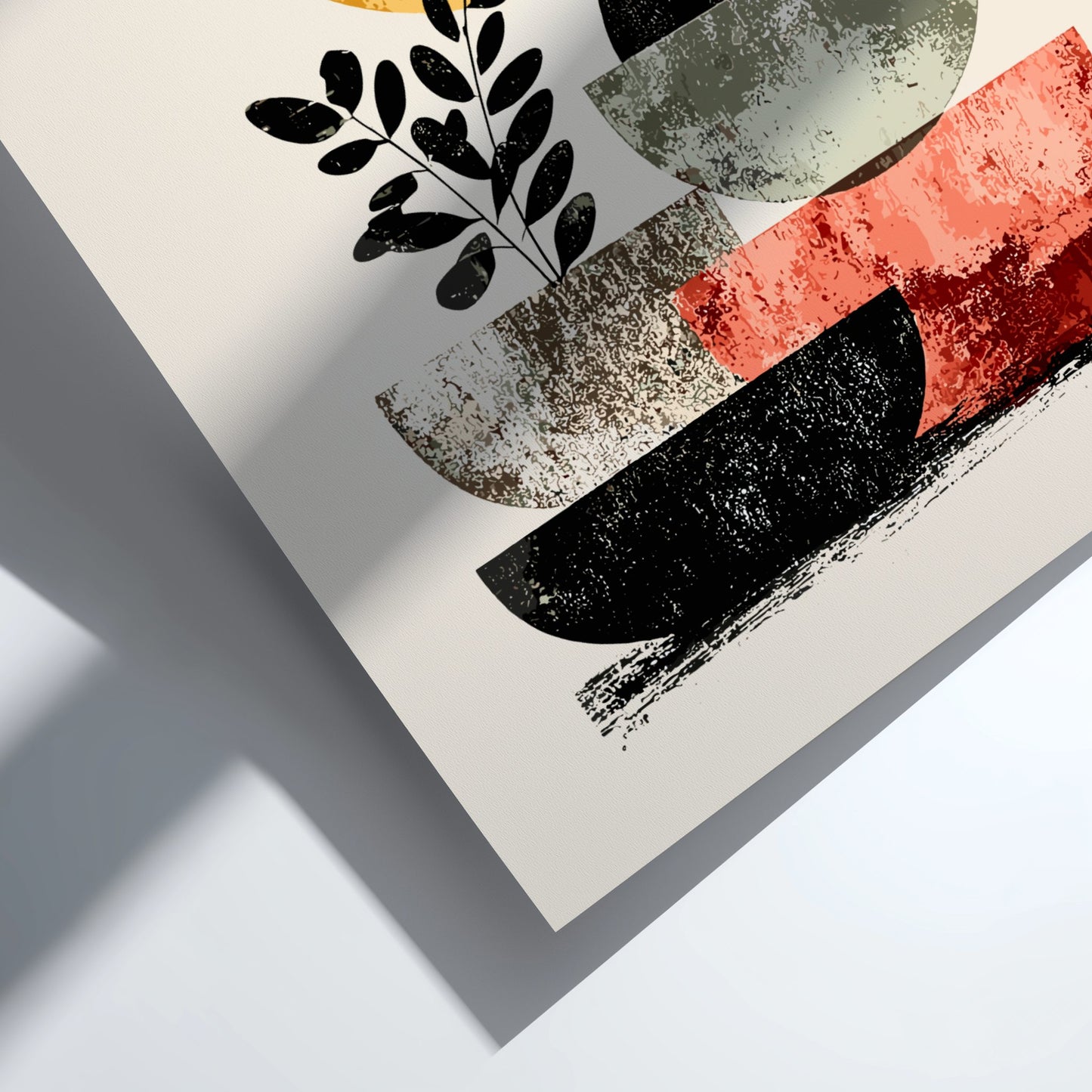 Abstract art piece with black, red, and white shapes on a light background